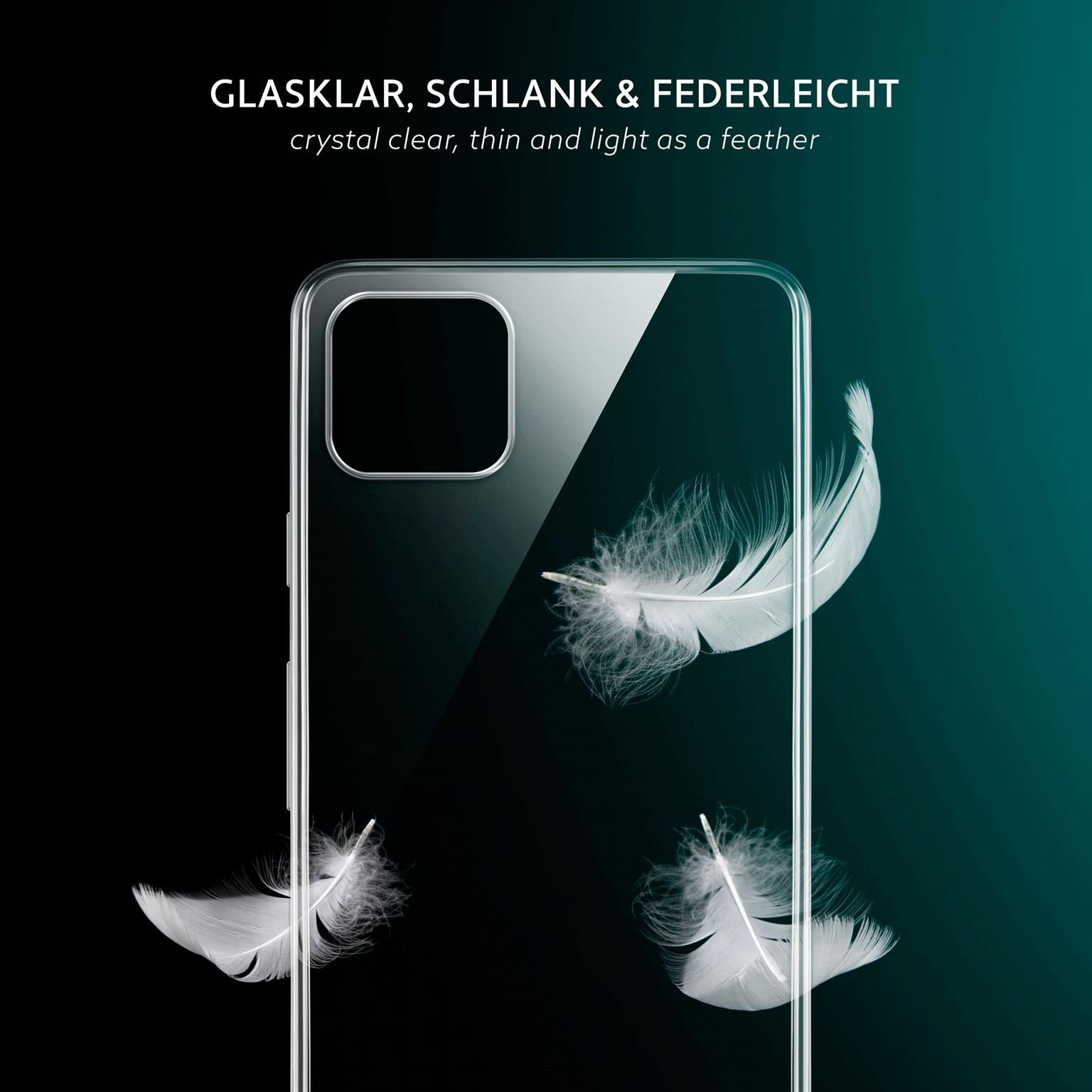 Transparente Handyhülle mit Federn auf dunklem Hintergrund. Kristallklare Hülle.