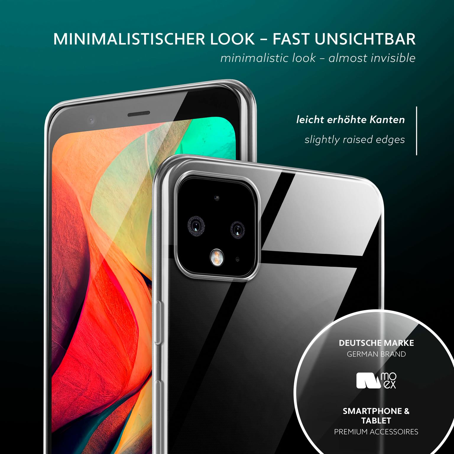 Zwei Telefone, eine transparente Hülle, mit Text über minimalistisches Aussehen und leicht erhöhte Kanten.