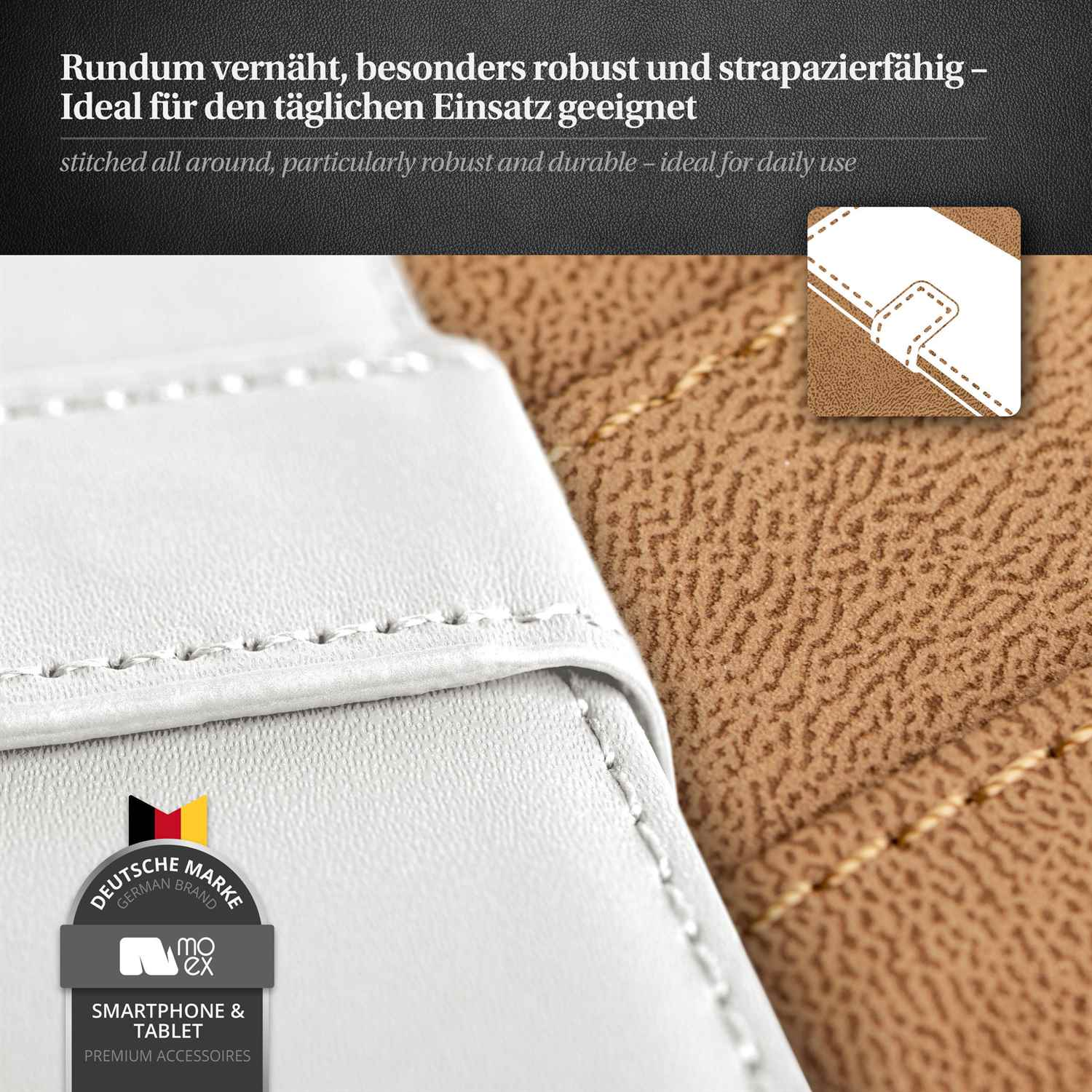 Weißes und braunes genähtes Leder. Logo in der unteren linken Ecke.