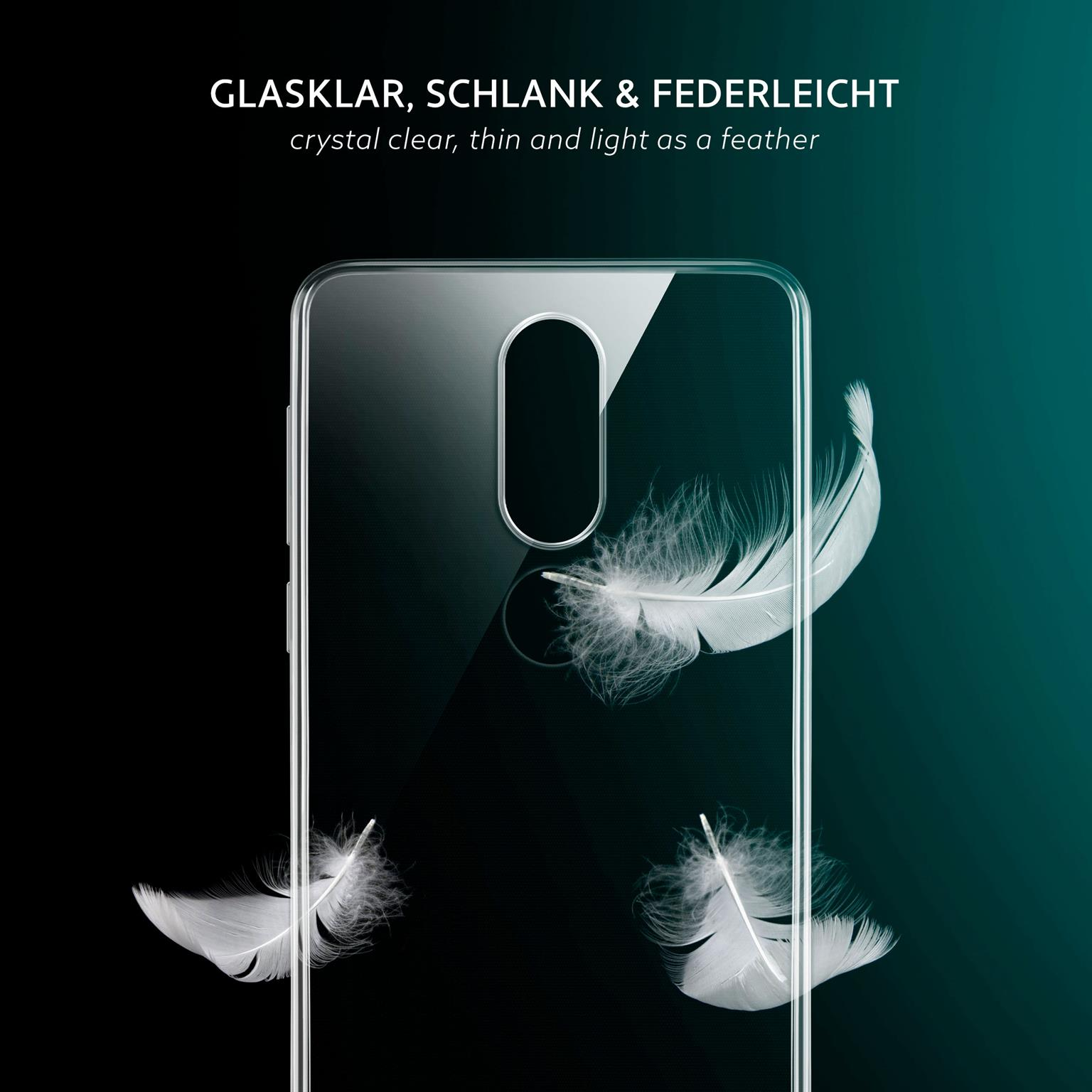 Eine klare Handyhülle mit schwebenden Federn. Text: Kristallklar, dünn und federleicht.