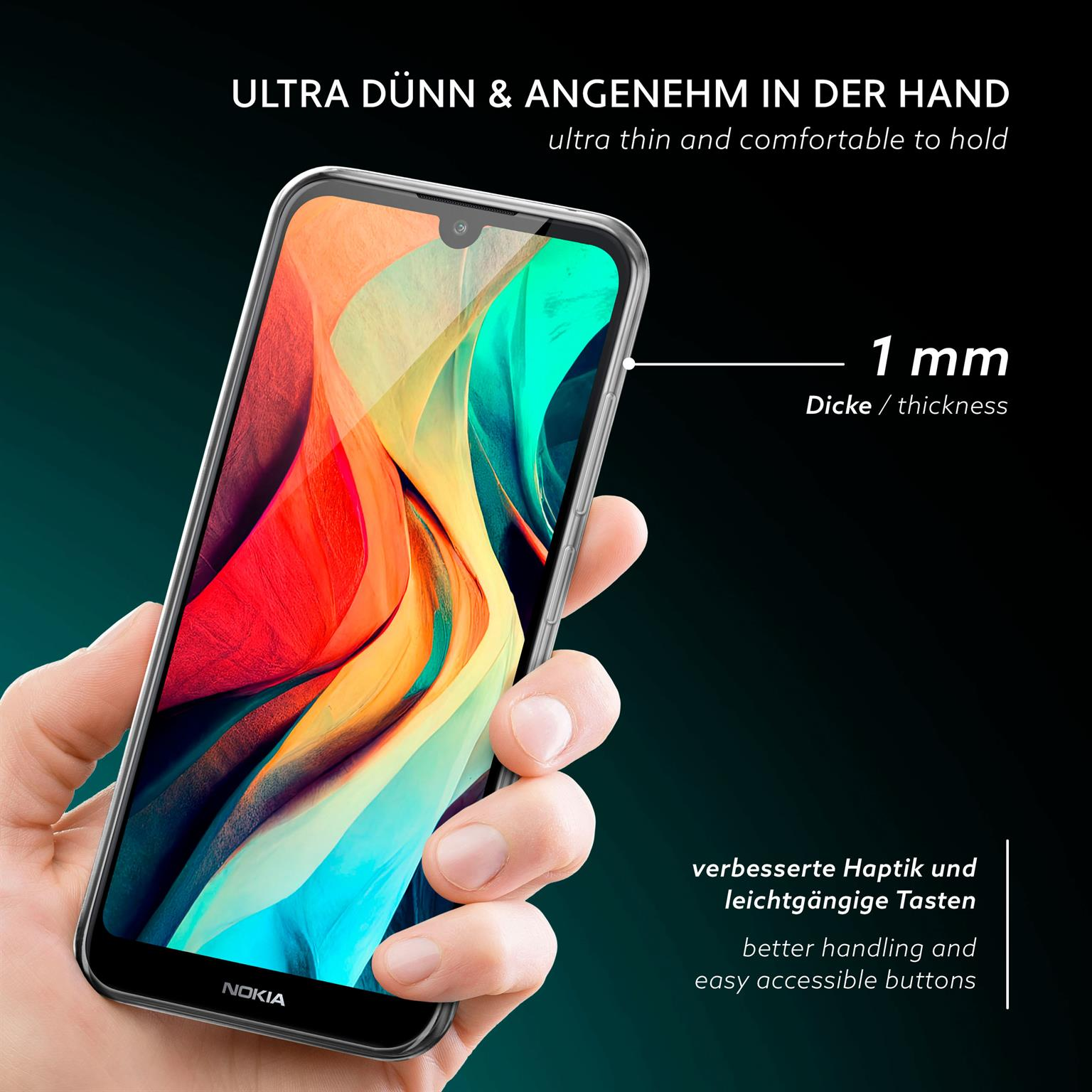 Hand hält Telefon, klare Hülle, zeigt den Bildschirm. Text zeigt 1 mm Dicke an.