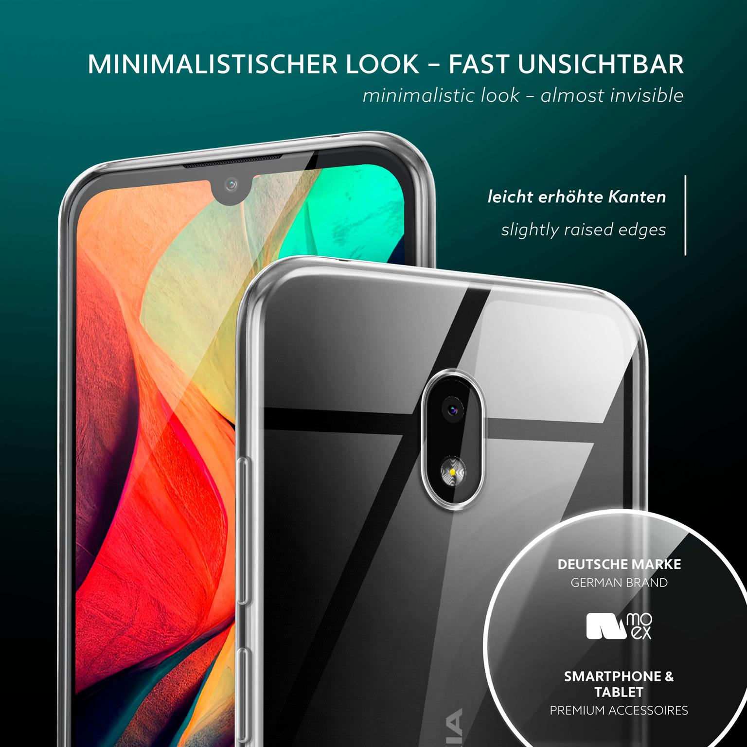 Klare Handyhülle über einem Handy, mit Markenlogo. Text: Minimalistischer Look, leicht erhöhte Kanten.