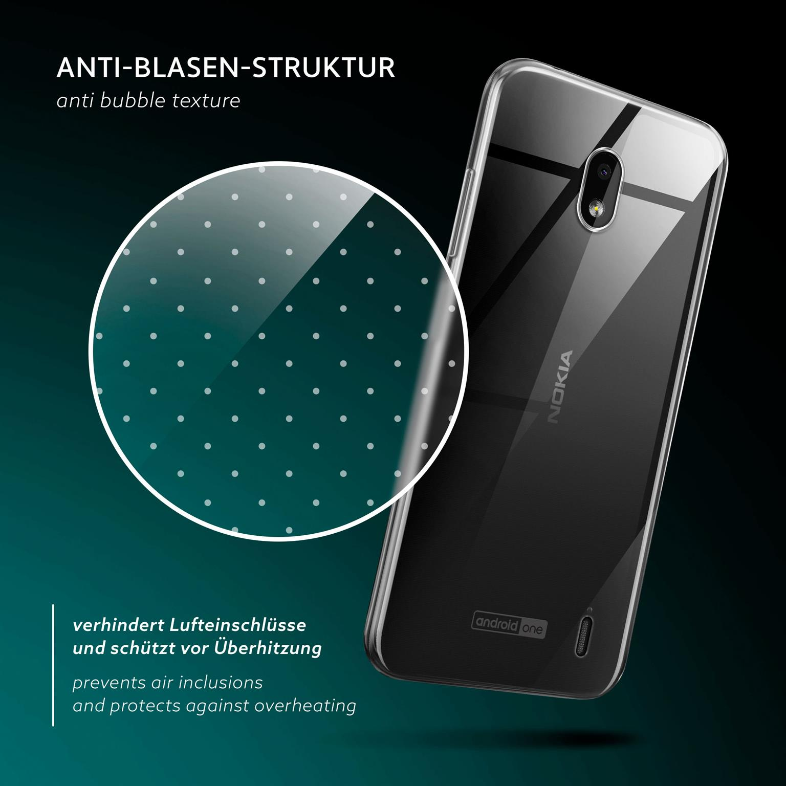 Klare Handyhülle auf einem Telefon mit schwarzem Rücken. Gepunktete Textur. Verhindert Lufteinschlüsse.