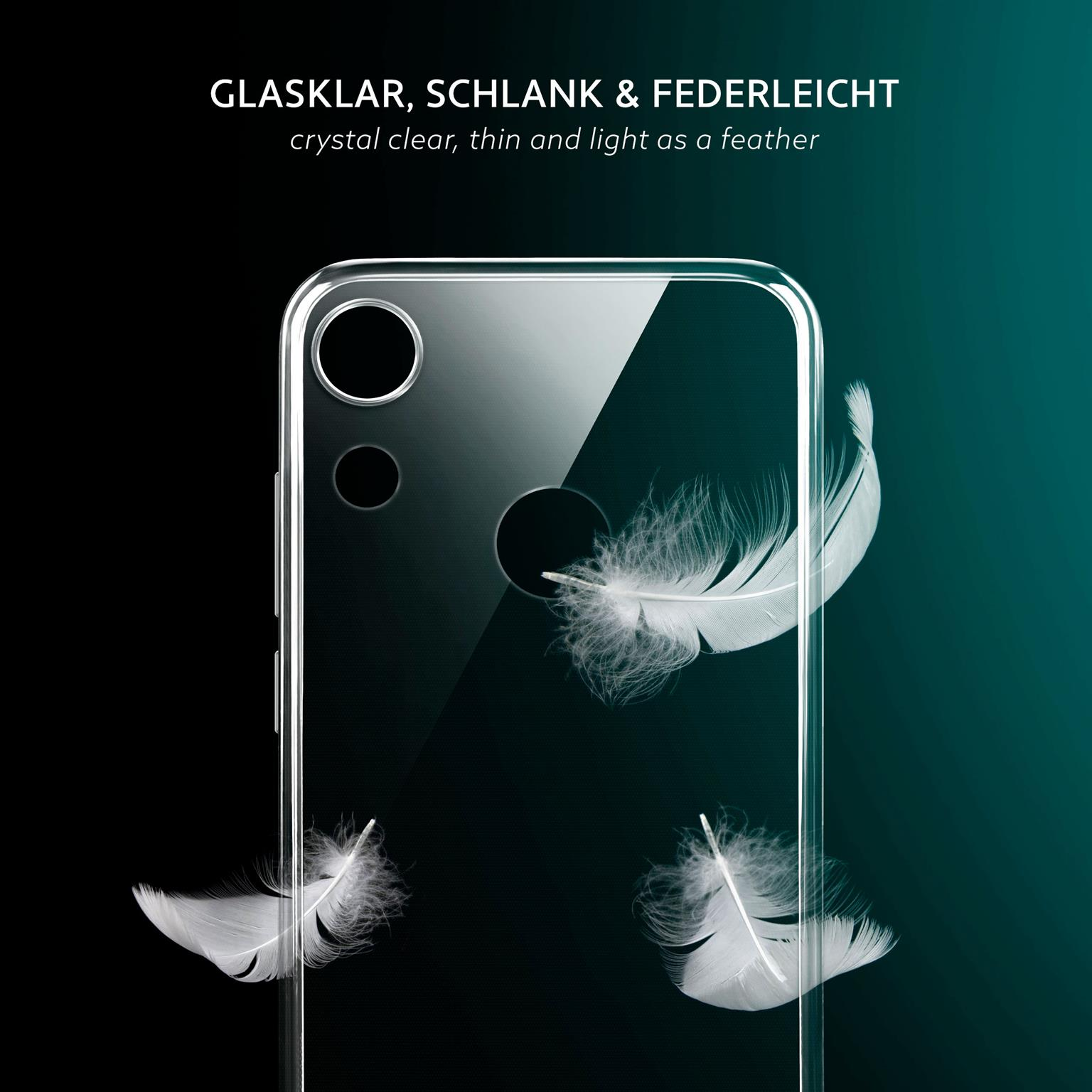 Eine Handyhülle mit Federn, mit Text zu glasklar, dünn und leicht wie eine Feder.