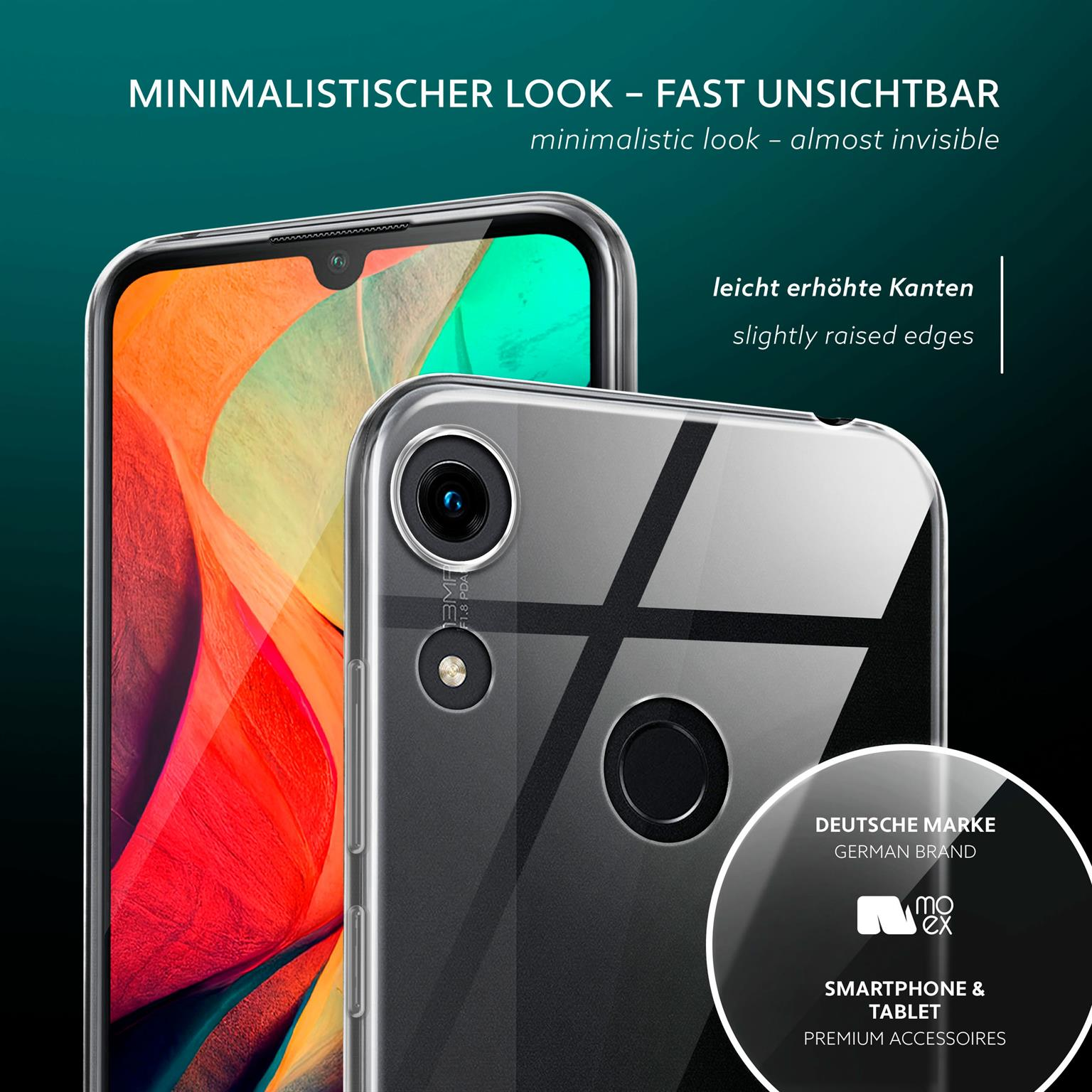 Klare Handyhülle auf Telefon, mit Huawei-Logo, leicht erhöhten Kanten und MoEx-Logo.
