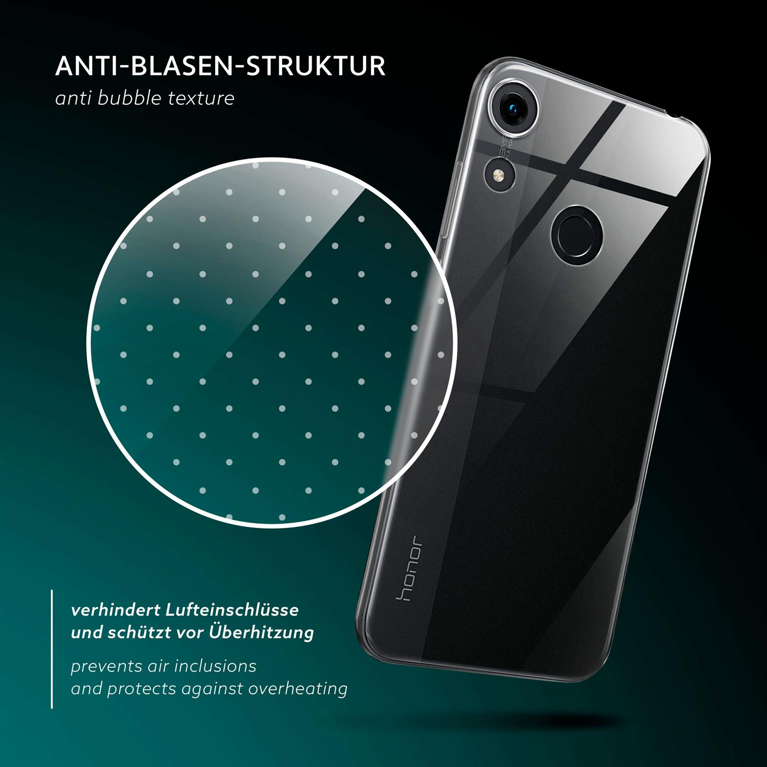 Transparente Handyhülle auf Telefon. Text: Anti-Blasen-Struktur. Verhindert Lufteinschlüsse und schützt vor Überhitzung.