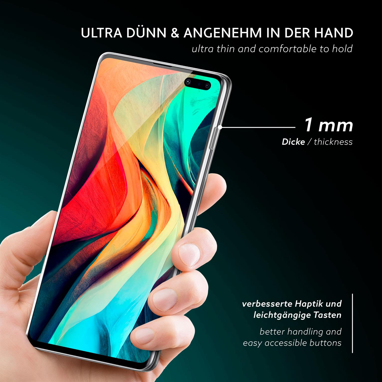 Eine Hand hält ein Smartphone. Das Telefon hat eine transparente Hülle. Der Text lautet ultradünn und angenehm zu halten.