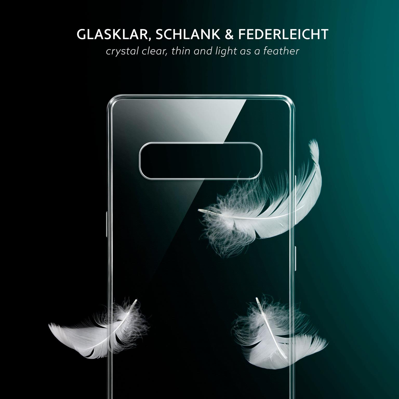 Telefon in transparenter Hülle, mit Federn. Dunkelgrüner Hintergrund. Text: kristallklar, dünn, leicht.