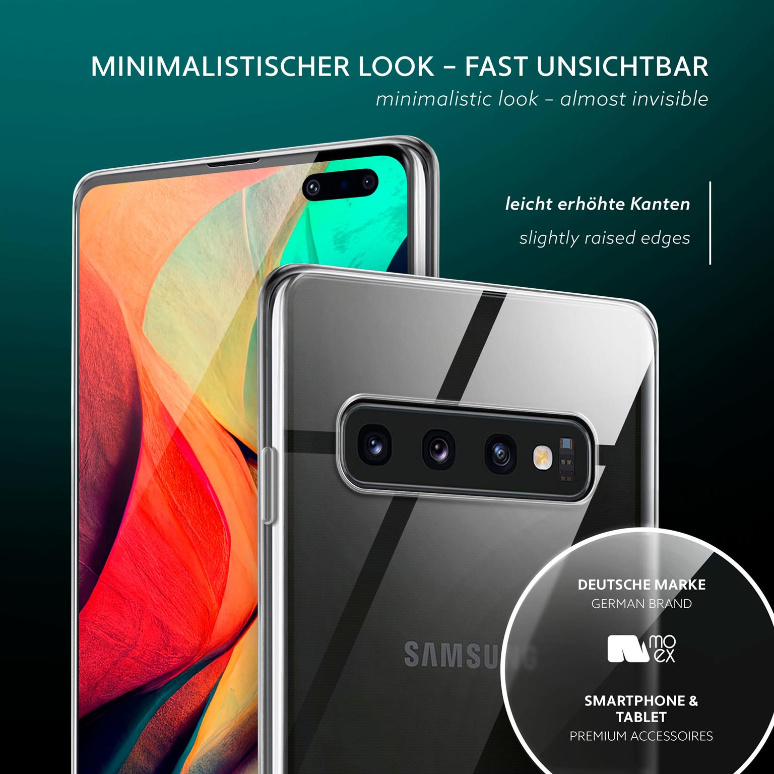 Zwei Handys mit transparenten Hüllen. Die Hüllen haben minimalistisches Design und erhöhte Kanten.