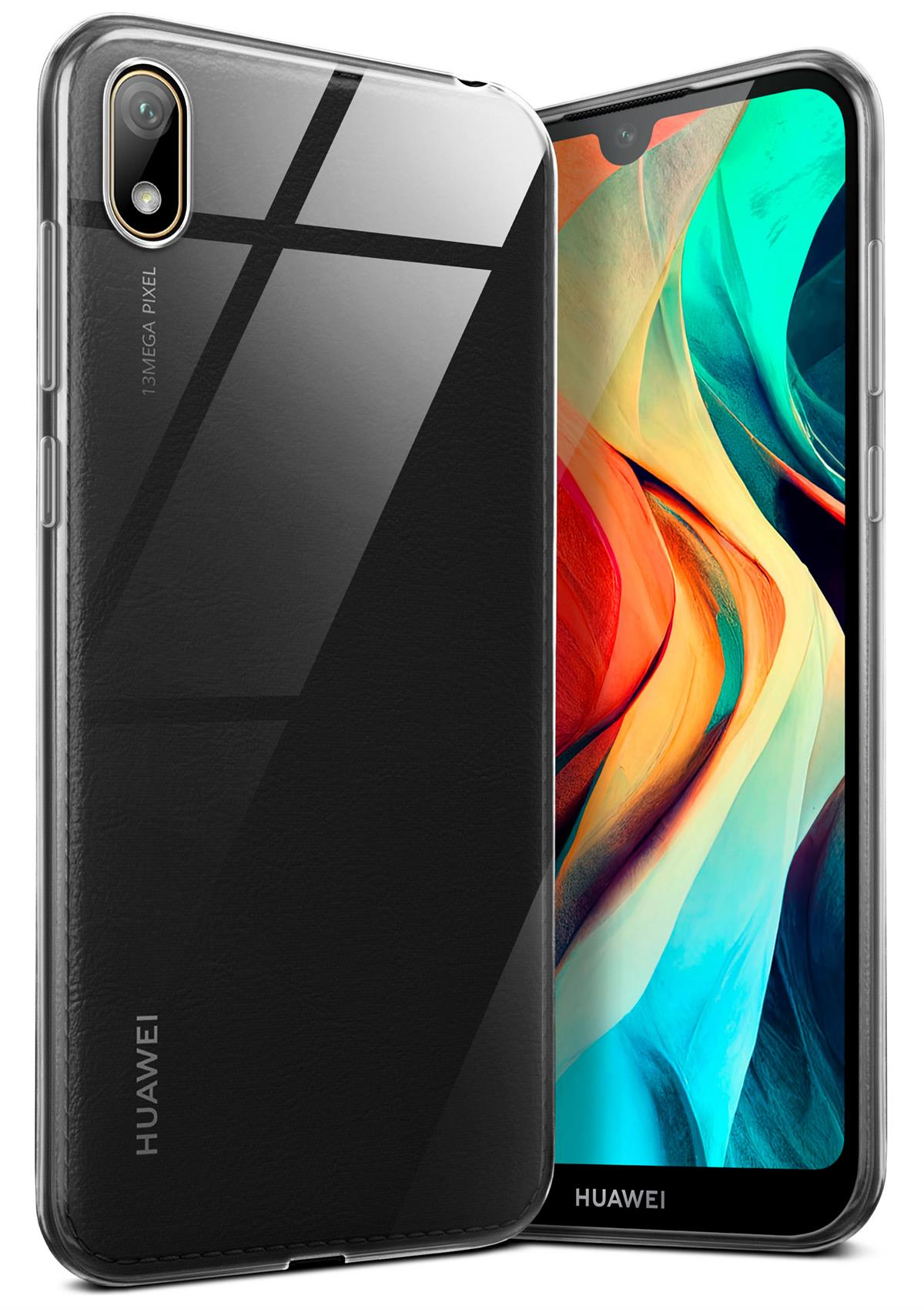 Telefon in einer durchsichtigen Hülle. Das Telefon hat ein farbenfrohes Display. Die Hülle ist transparent. Huawei-Logo.