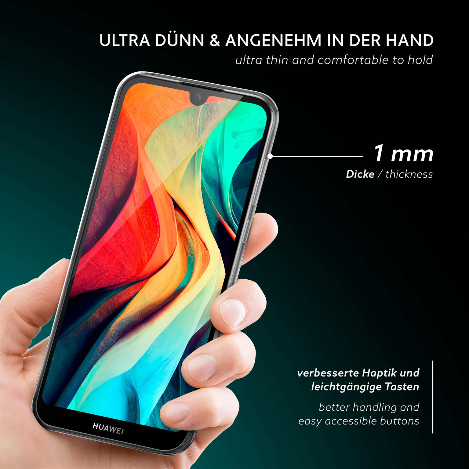 Hand hält ein Telefon mit klarer Hülle. Der Bildschirm ist sichtbar.