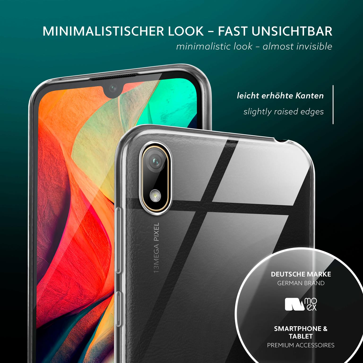 Zwei Handyhüllen, eine durchsichtige, eine auf einem Handy. Text: Minimalistischer Look, leicht erhöhte Kanten.