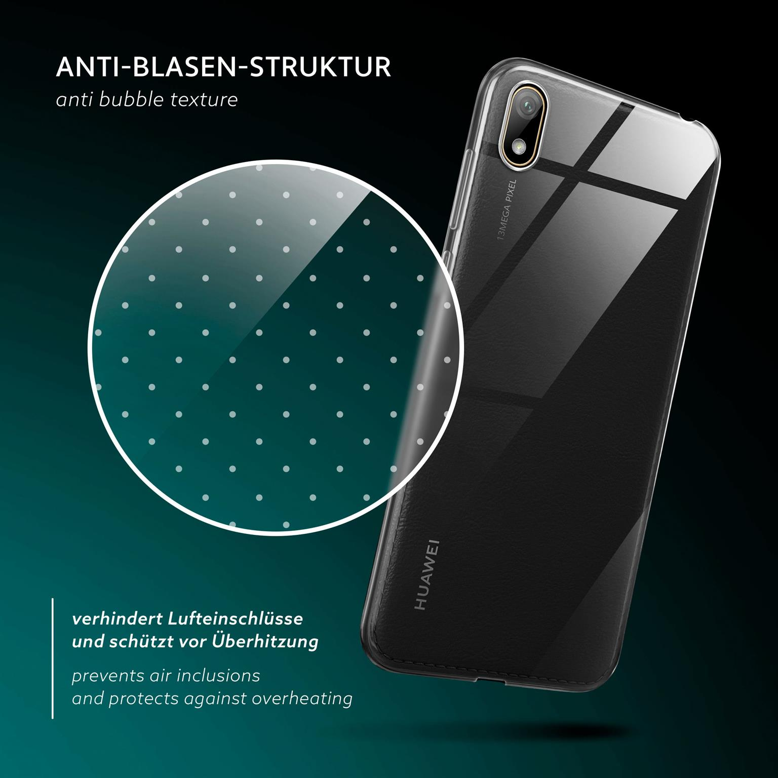 Schwarze Handyhülle mit weißen Punkten. Text: 'Anti-Blasen-Struktur' und 'verhindert Lufteinschlüsse'.