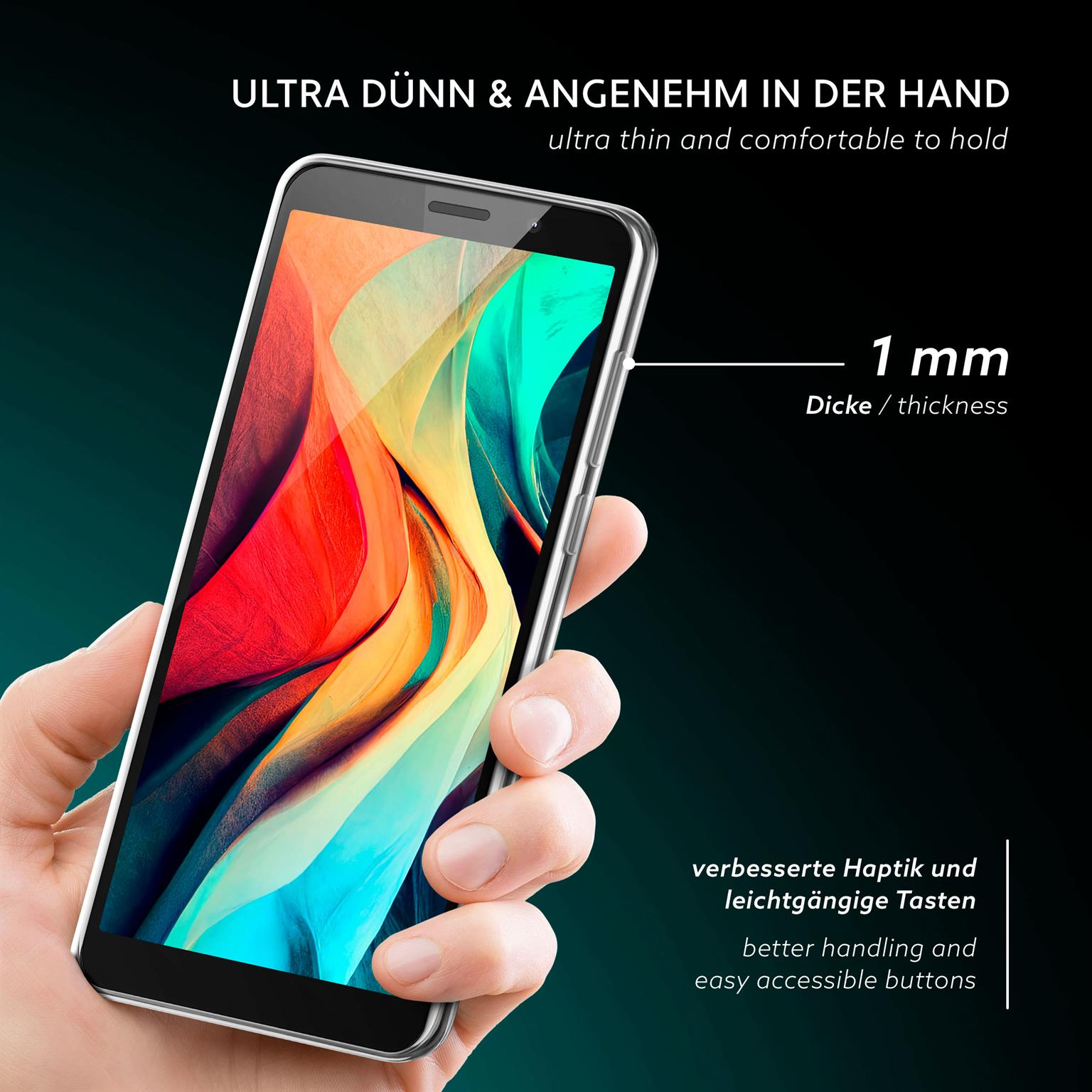 Hand hält transparente Handyhülle. Die Hülle ist dünn und 1 mm dick.