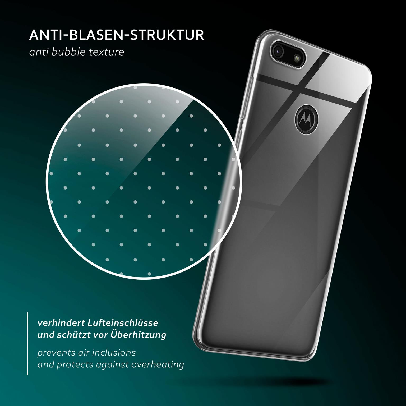 Eine Handyhülle mit Blasenstruktur. Ein Kreis zeigt die Blasen. Text sagt 'Anti-Blasen-Struktur'.