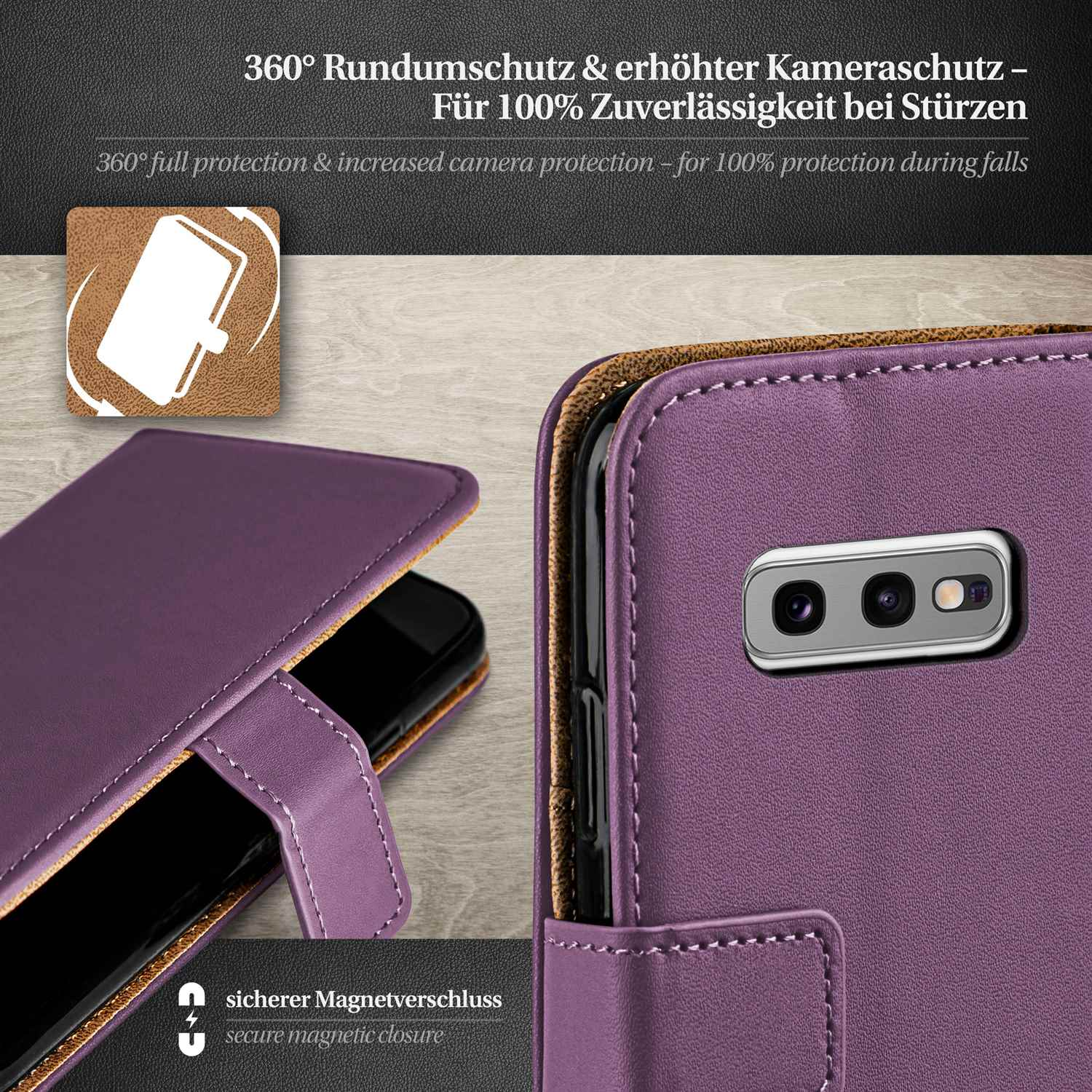 Eine lila Handyhülle mit einem Telefon darin. Der Koffer ist offen. Der Hintergrund ist braun und grün.