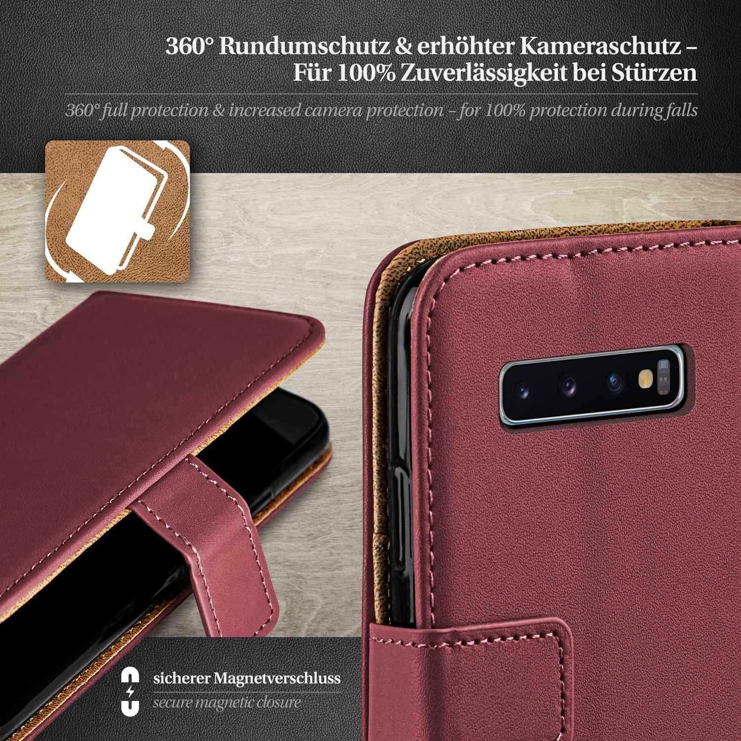 Rote Handyhülle mit Telefon darin. Nahaufnahme von Hülle und Telefon. Text: 360° Schutz.