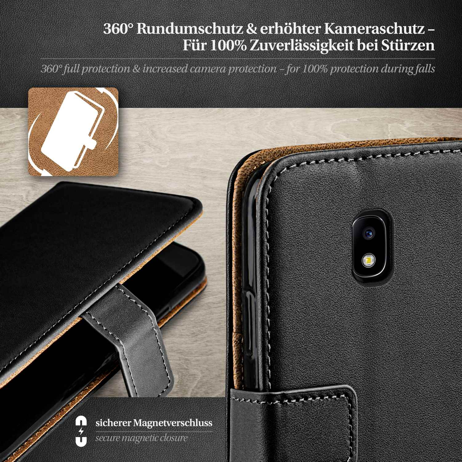 Schwarze Handyhülle mit Magnetverschluss. Die Hülle umschließt ein Telefon.