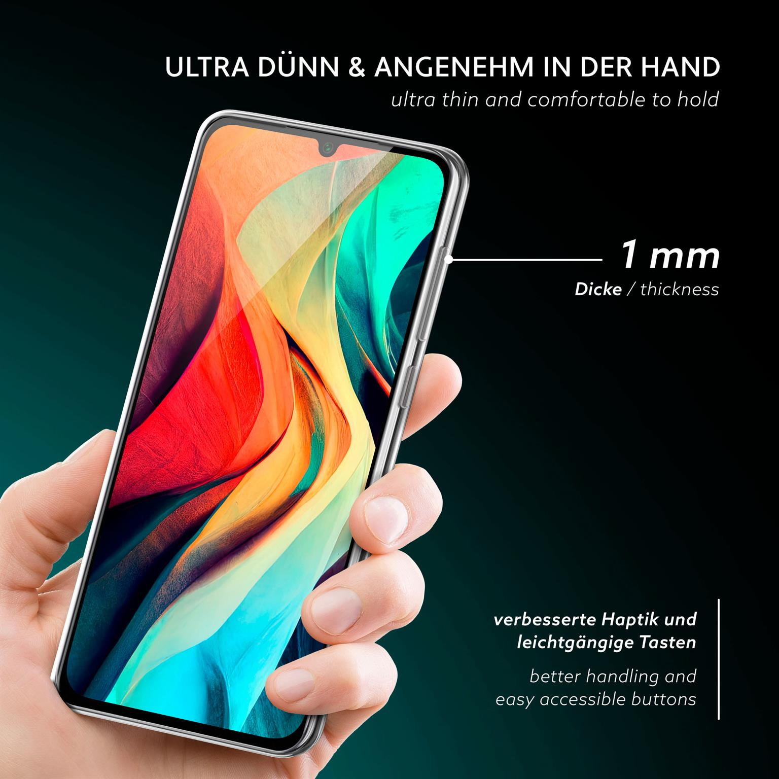 Hand, die ein klares Telefon hält, mit einem farbenfrohen Hintergrund, der durch den Bildschirm sichtbar ist.