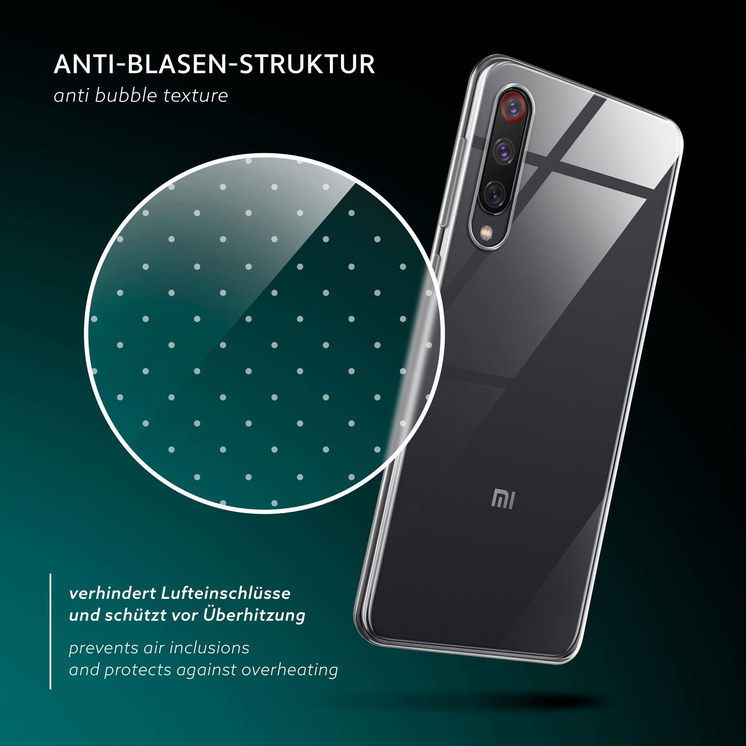 Transparente Handyhülle auf Telefon mit Blasenstruktur. Telefon hat mehrere Rückkameras.