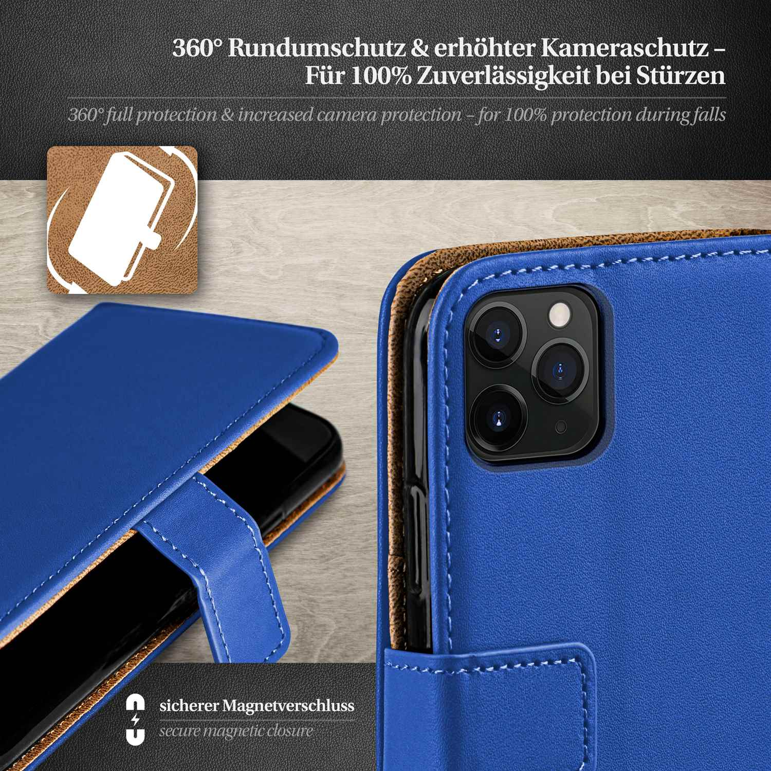 Blaue Handyhülle, geöffnet mit Telefon. Braunes Leder, weiße Nähte.