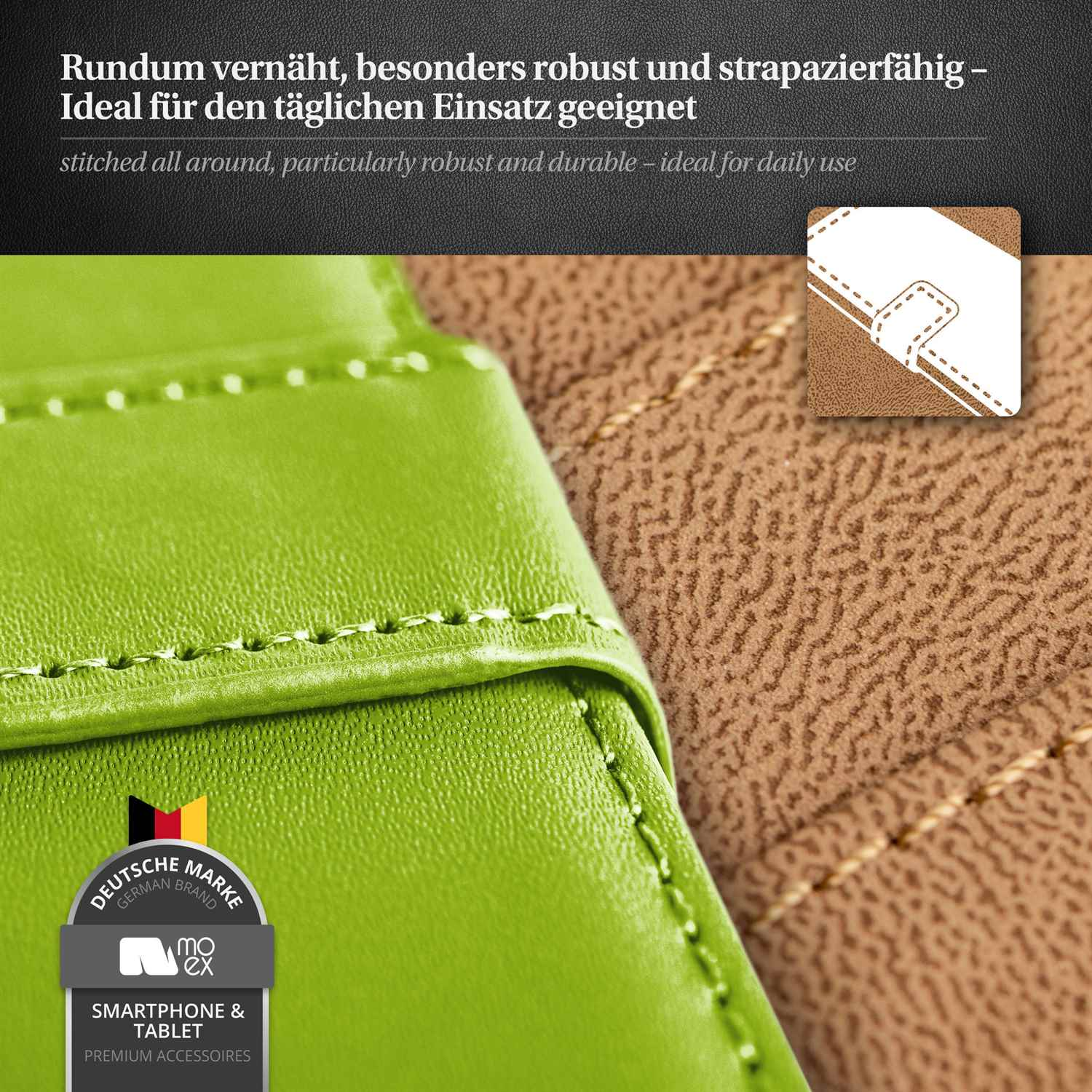 Nahaufnahme einer grünen Handyhülle mit Nähten. Brauner Hintergrund. Text: Deutsche Marke. Smartphone & Tablet.