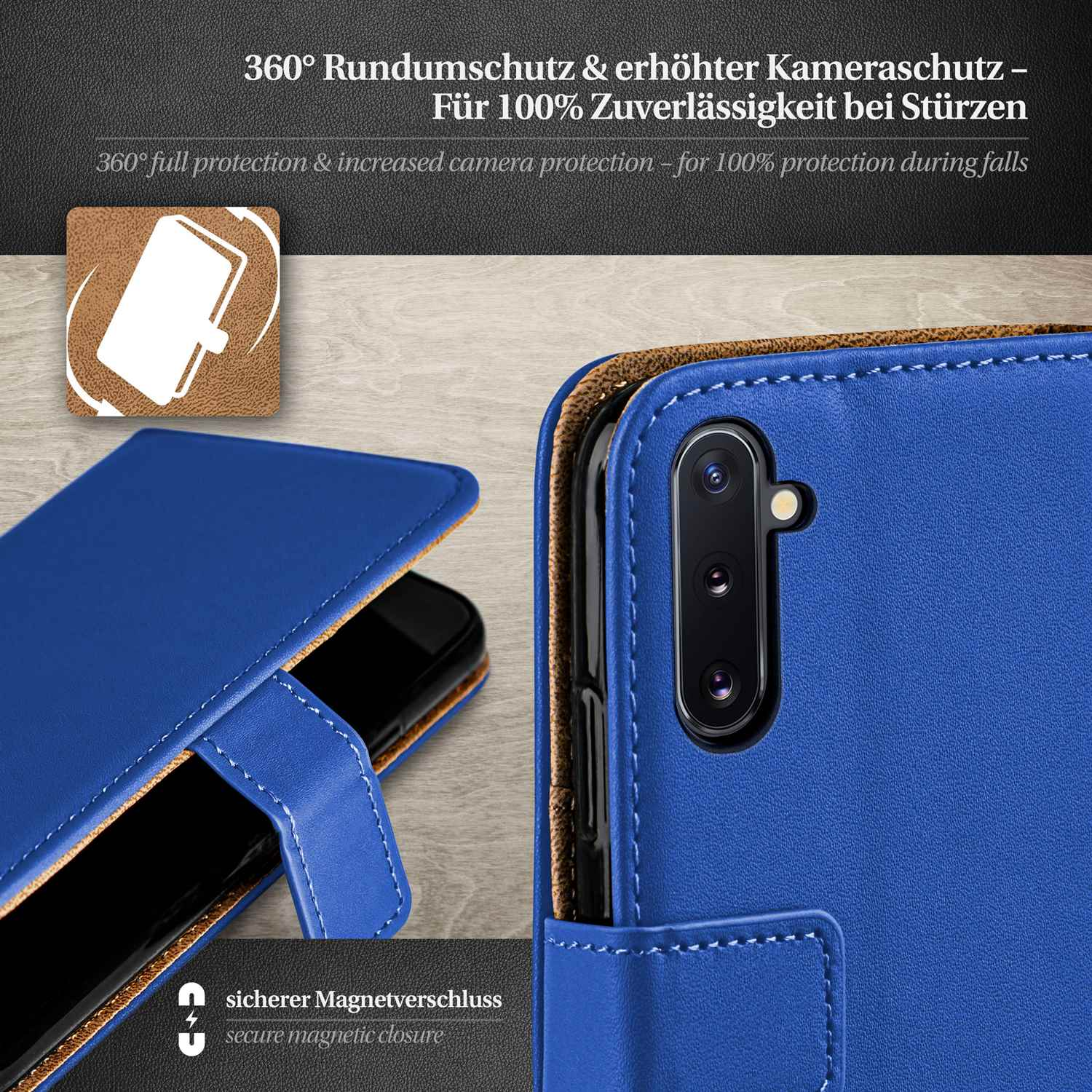 Blaue Handyhülle, ein Telefon darin, mit sicherem Magnetverschluss. 360-Grad-Schutz.