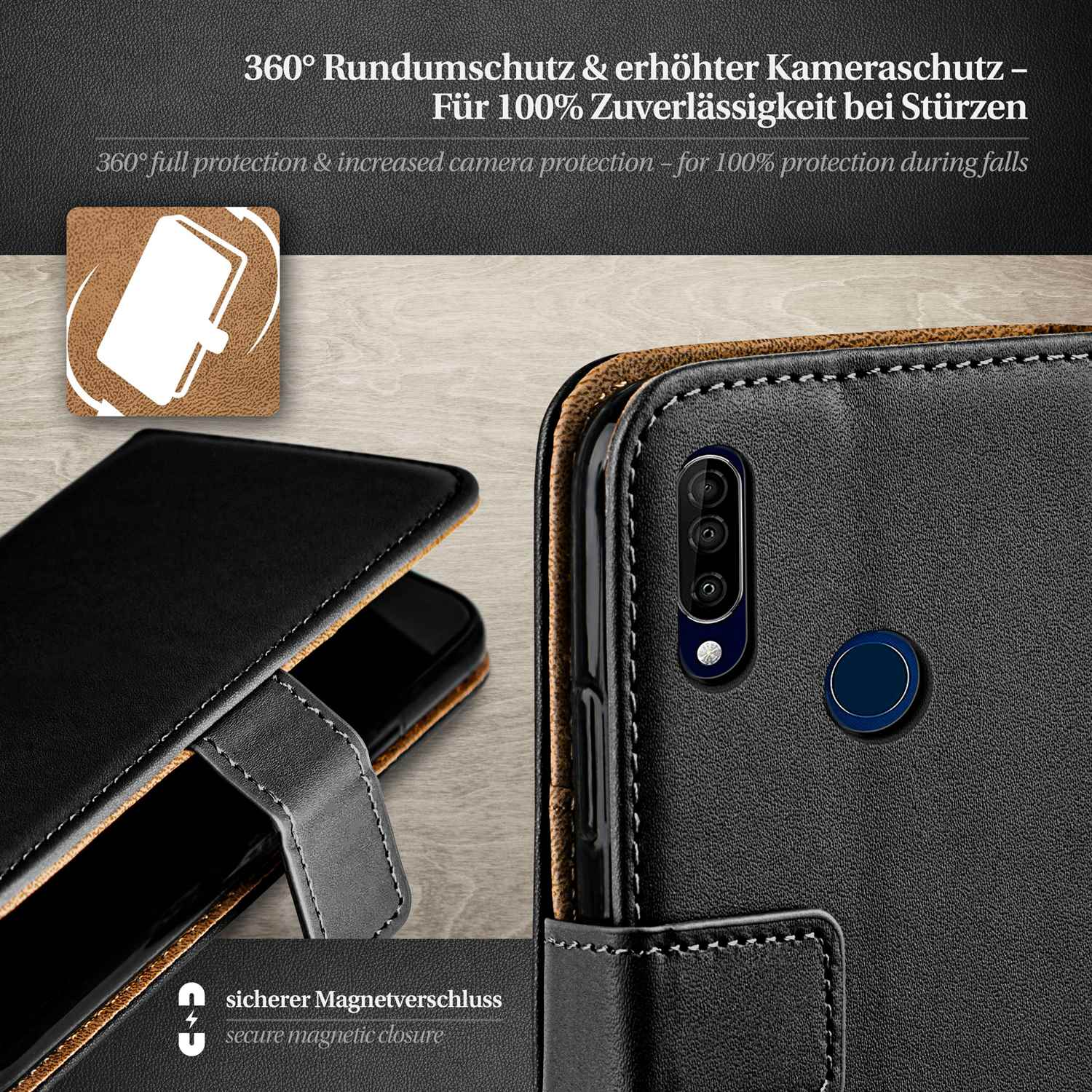 Schwarze Handyhülle mit Telefon; sicherer Magnetverschluss.