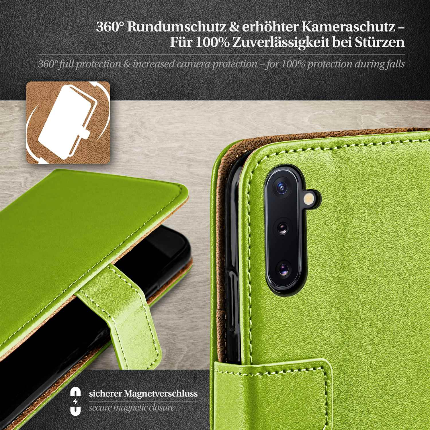 Grüne Leder-Handyhülle, geöffnet. Text: 360° Schutz & Kameraschutz.