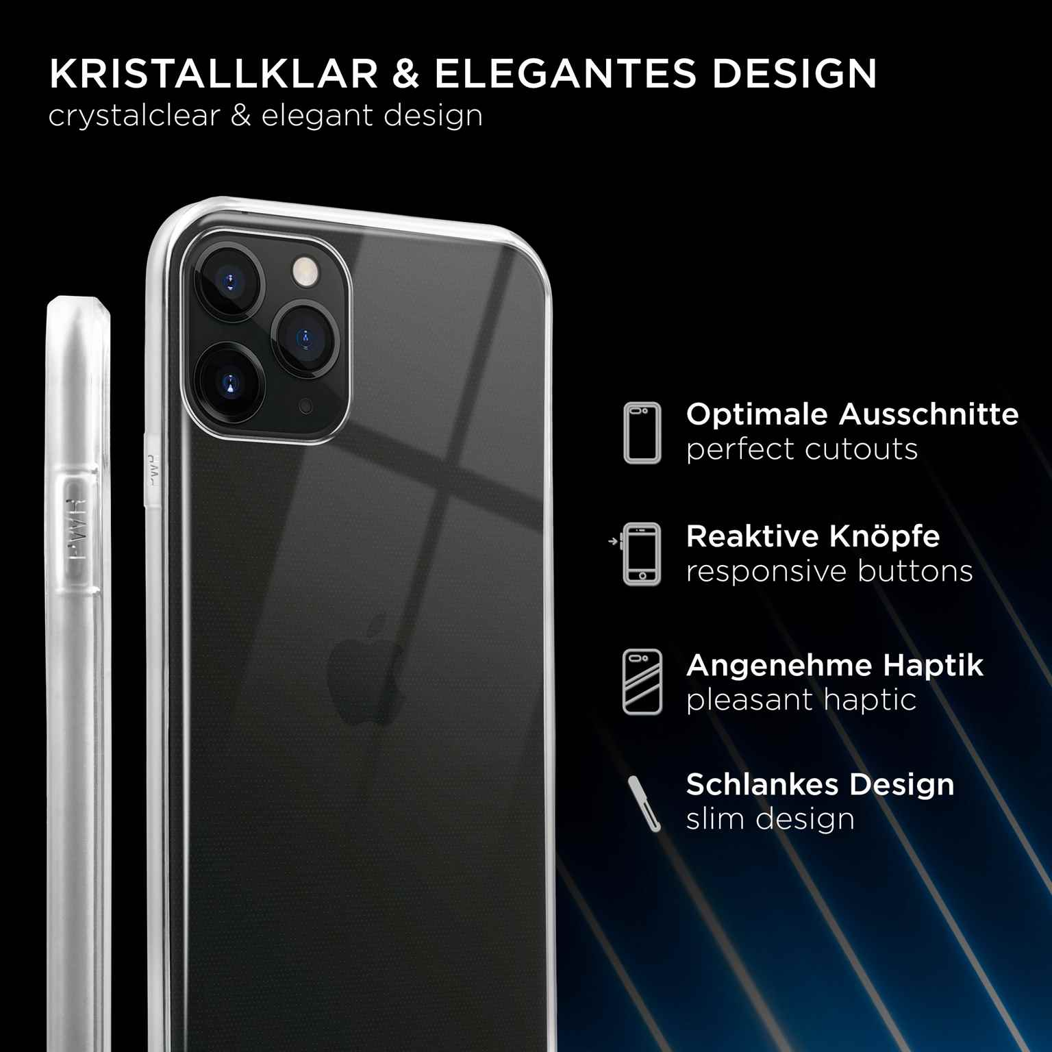 Transparente Handyhülle auf einem Telefon. Zeigt Ausschnitte für Kamera, Knöpfe und schlankes Design.