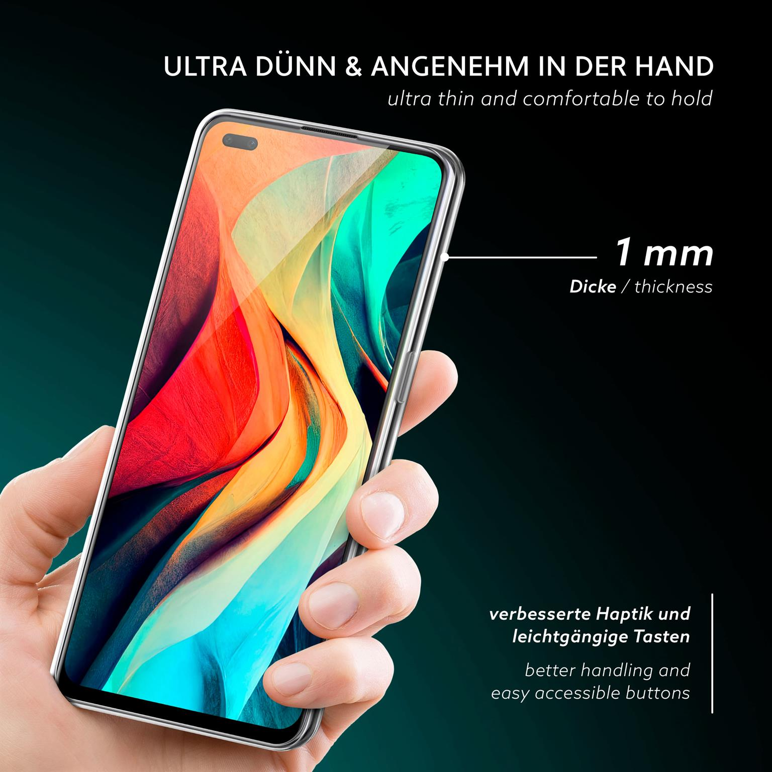 Hand hält ein Telefon in einer klaren Hülle. 1 mm Dicke. Schwarzer Hintergrund. Nokia-Telefon.