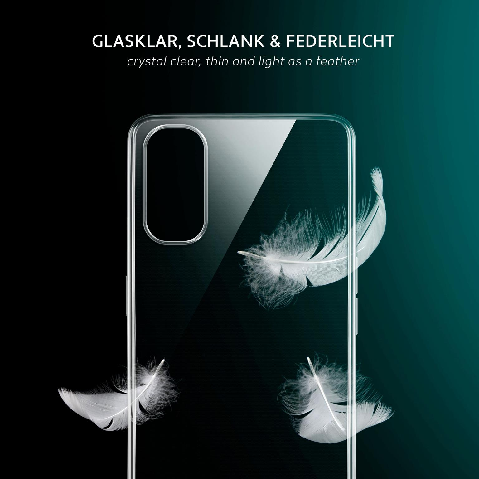 Transparente Handyhülle mit Federn. Hülle auf dunklem Hintergrund. Text sagt 'glasklar, dünn und federleicht'.