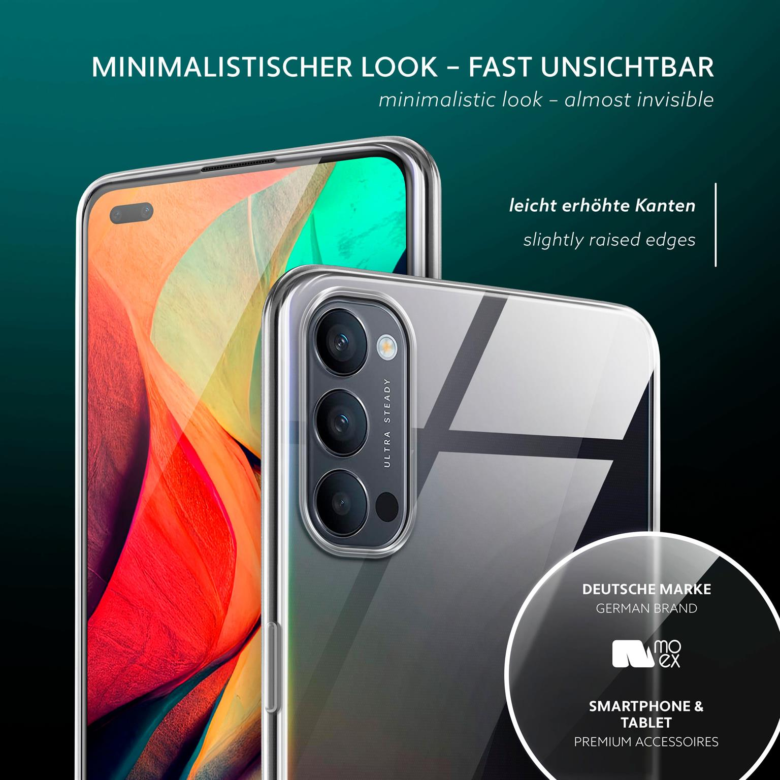 Zwei Telefone, transparente Hülle, Text über minimalistisches Aussehen, leicht erhöhte Kanten.