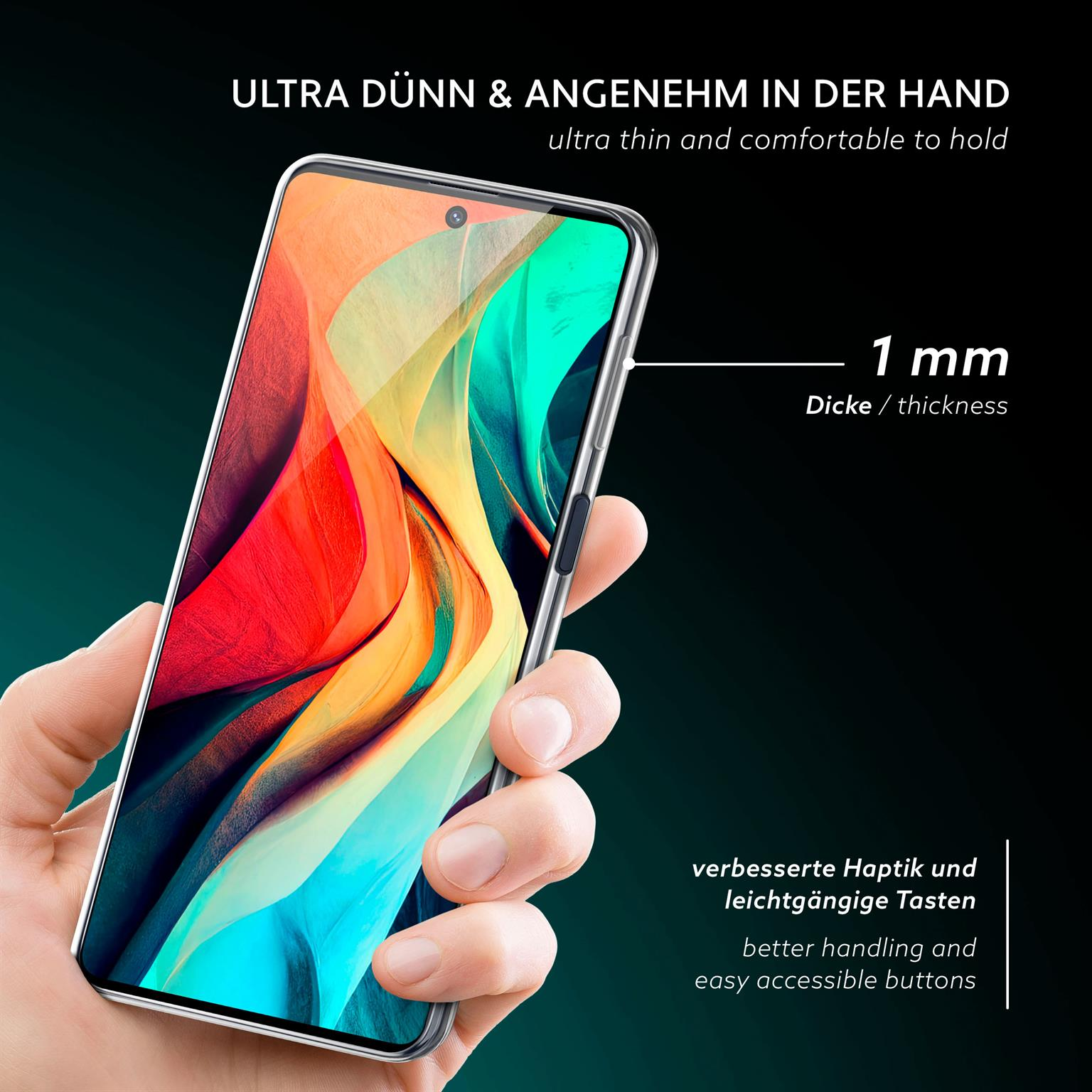 Hand, die ein Telefon in einer durchsichtigen Hülle hält. Text: ultra dünn und angenehm zu halten.