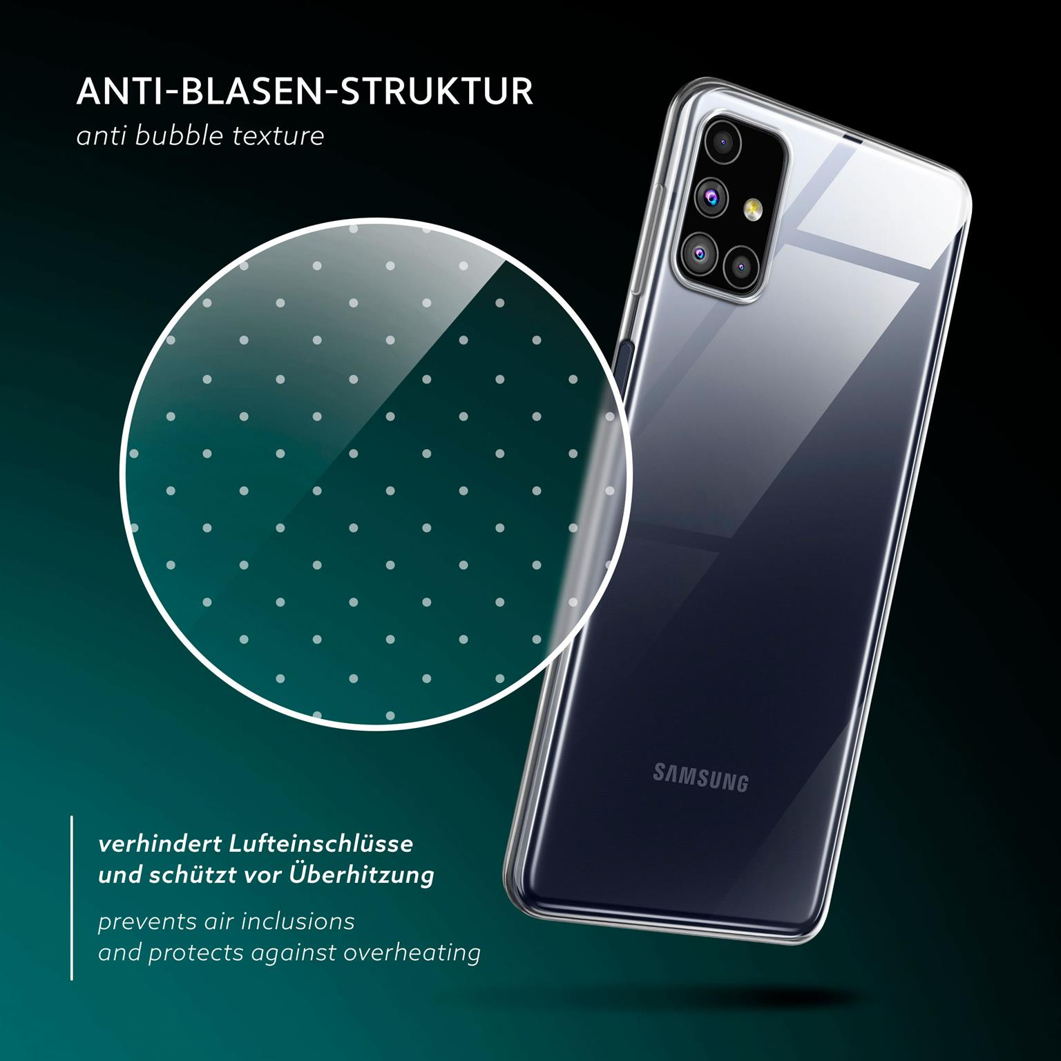 Transparente Handyhülle auf schwarzem Hintergrund. Ein vergrößerter Kreis zeigt Anti-Blasen-Textur.