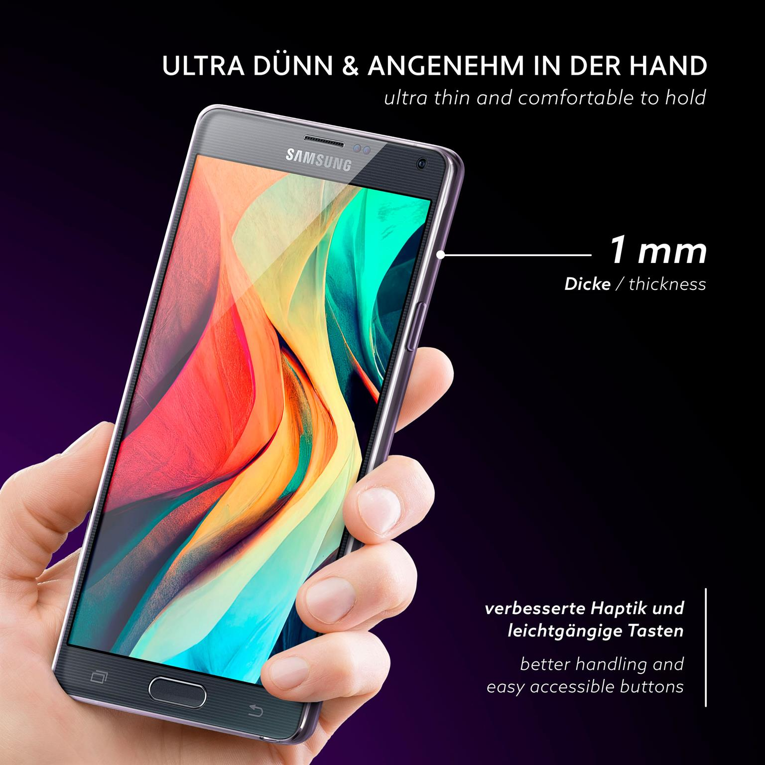 Hand hält ein Telefon. Das Telefon ist dünn. Text sagt 'ultra dünn' und '1 mm Dicke' mit besseren Tasten.