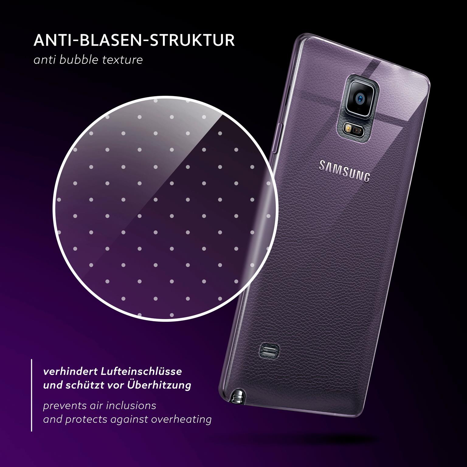 Ein Telefon mit transparenter Hülle. Ein vergrößerter Kreis zeigt die Anti-Blasen-Struktur. Text: Verhindert Lufteinschlüsse und Überhitzung.