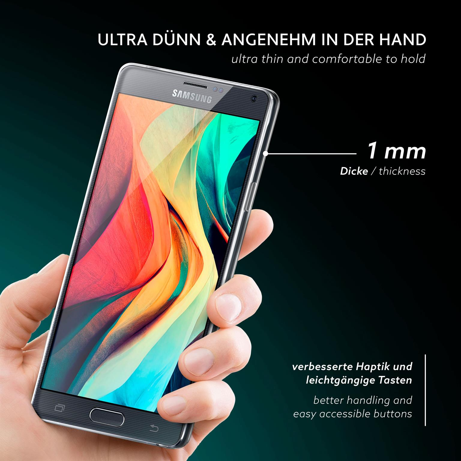 Hand hält schwarzes Telefon mit klarer Hülle. Text: Ultra dünn & komfortabel. Dicke: 1mm. Bessere Bedienung, einfache Tasten.
