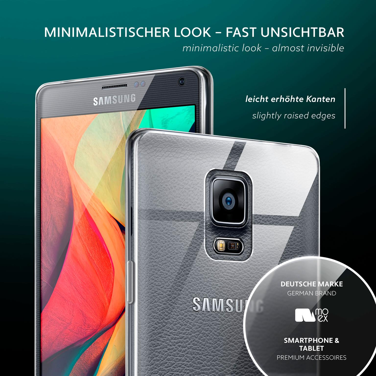 Minimalistisches Telefon mit klarer Hülle. Samsung-Telefon, transparente Hülle und deutsches Markenlogo.