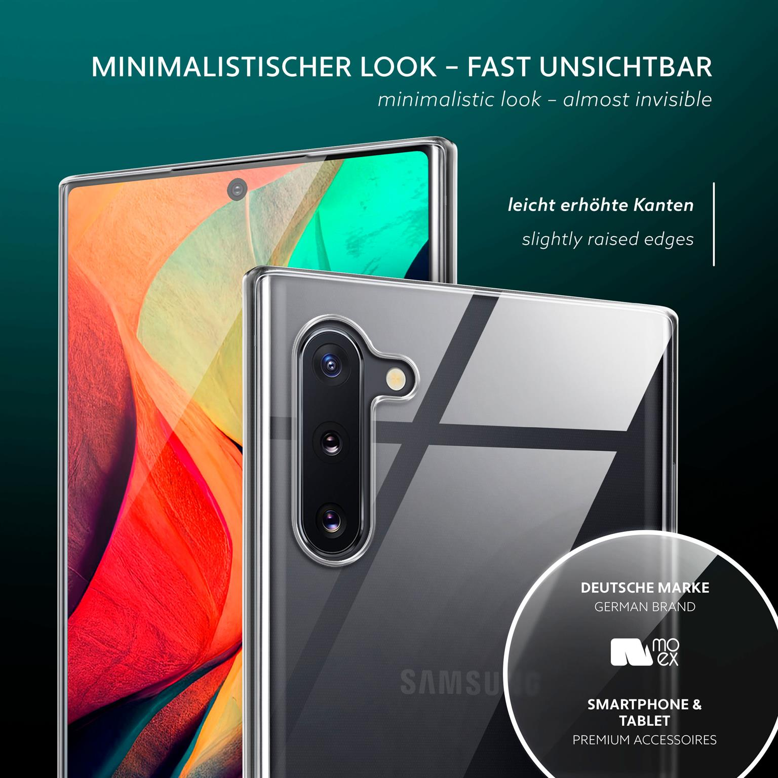 Transparente Handyhülle auf einem Telefon mit farbenfrohem, abstraktem Hintergrund. Text: Minimalistischer Look.