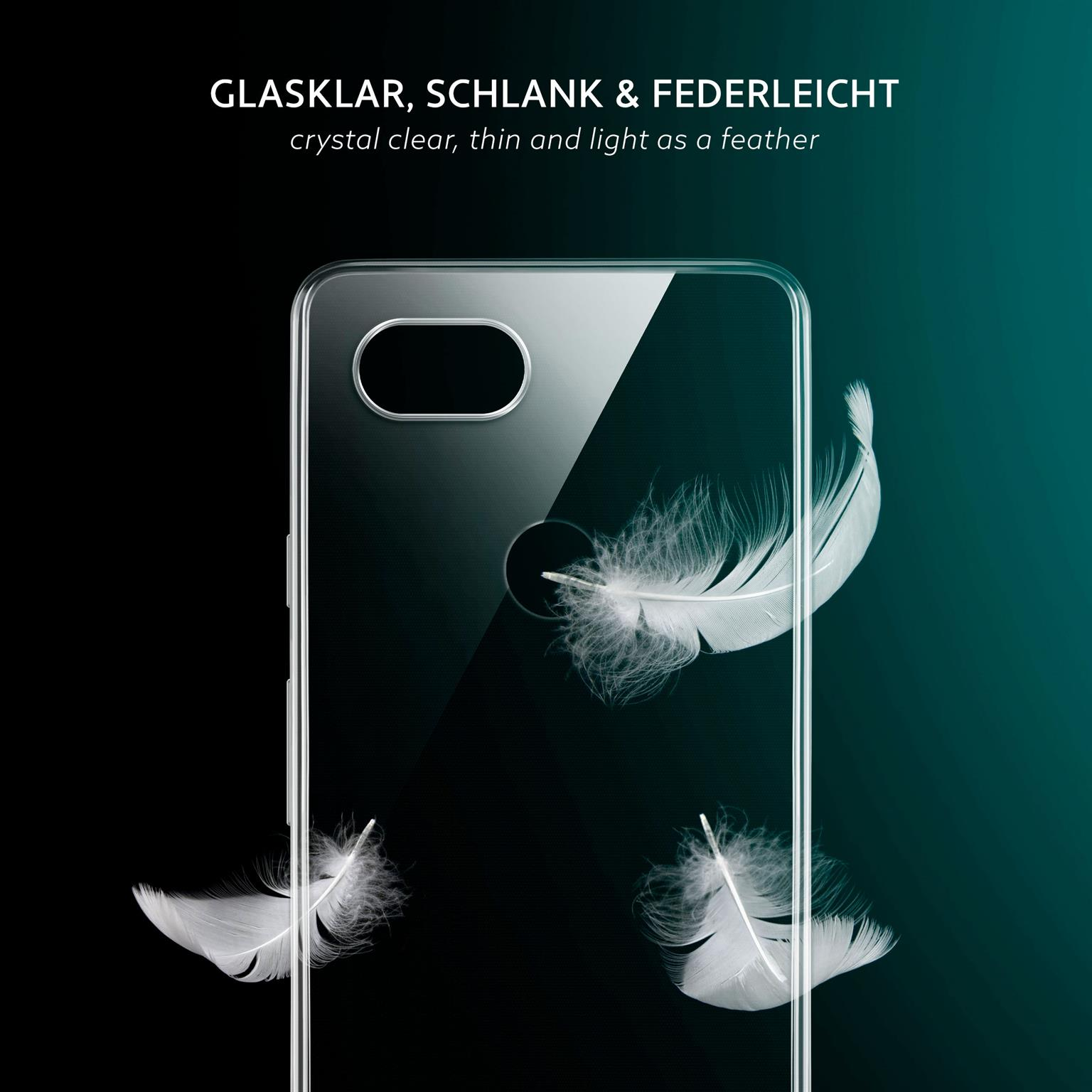 Eine Hülle mit einem Telefon, drei weiße Federn. Text: kristallklar, dünn und leicht wie eine Feder.