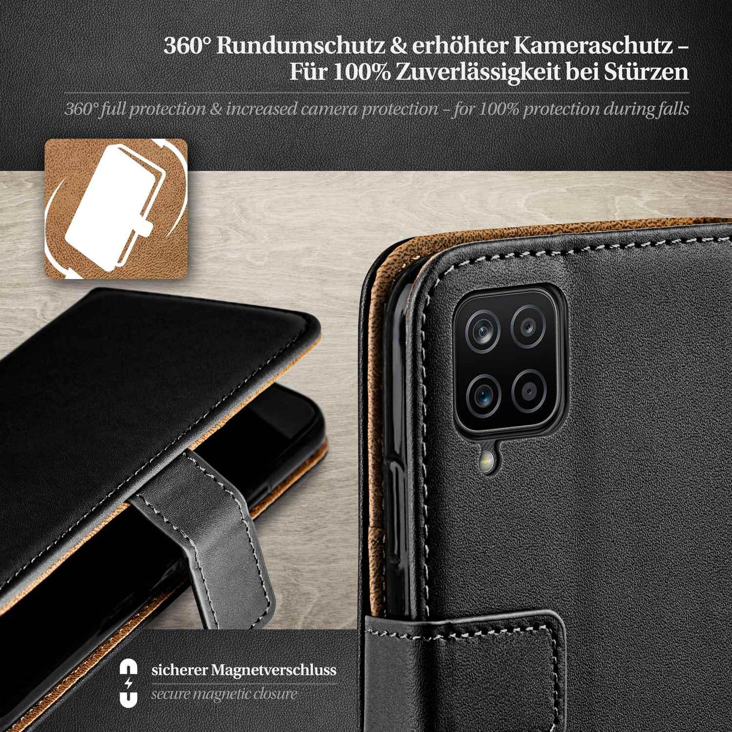 Handyhülle, teilweise geöffnet. Schwarzes Leder mit Nähten. Text über 360° Schutz und sicheren Magnetverschluss.