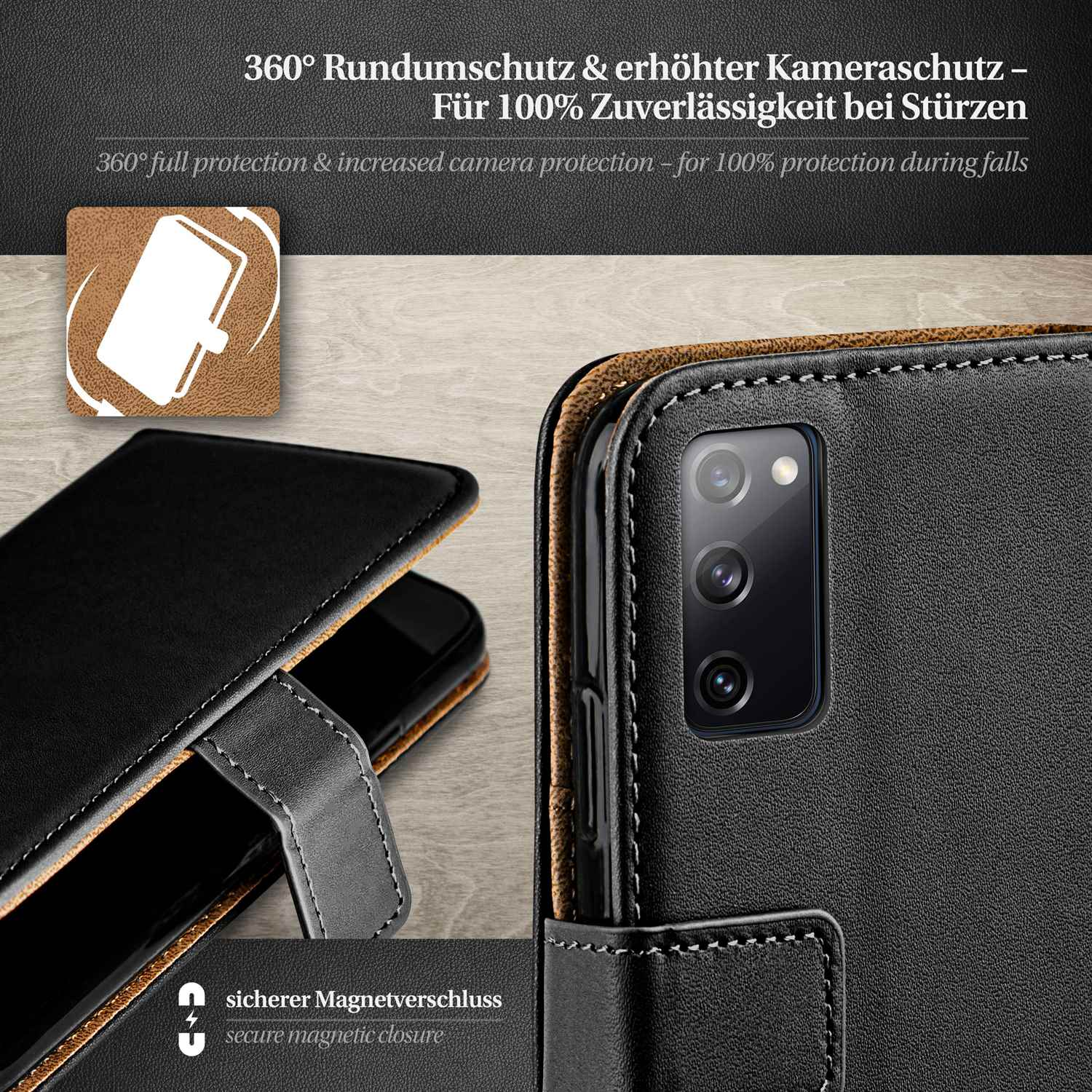Schwarze Handyhülle mit offener Vorderseite, zeigt die Handykamera. Sicherer Magnetverschluss, schwarzer Hintergrund.