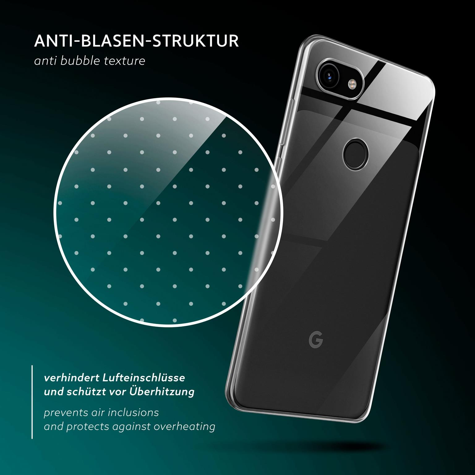 Telefon mit klarer Hülle, Lupe mit Blasenstruktur. Text: Anti-Blasen-Struktur. Verhindert Lufteinschlüsse.