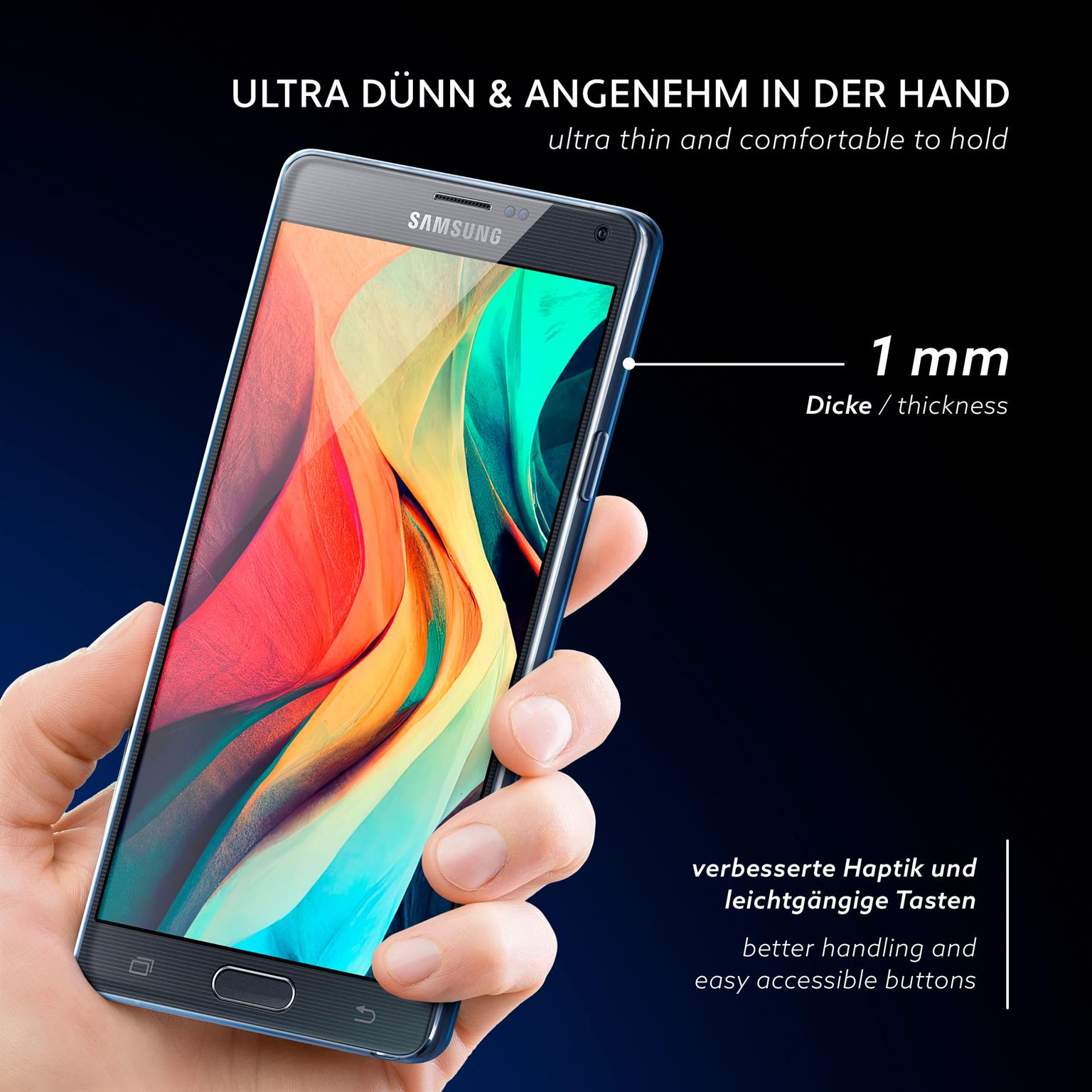 Eine Hand, die eine klare Handyhülle hält, schwarzer Hintergrund, Text sagt 1 mm Dicke.