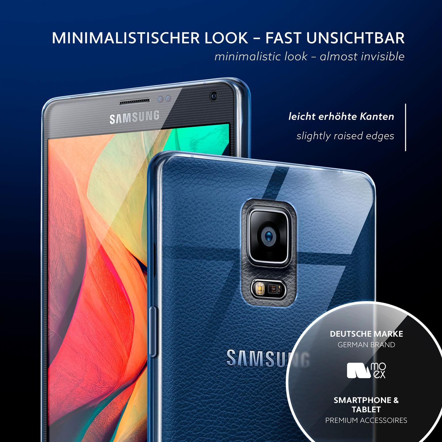 Zwei Telefone mit einer transparenten Hülle, das zweite Telefon ist dunkelblau mit Kamera und weißem Markenlogo.