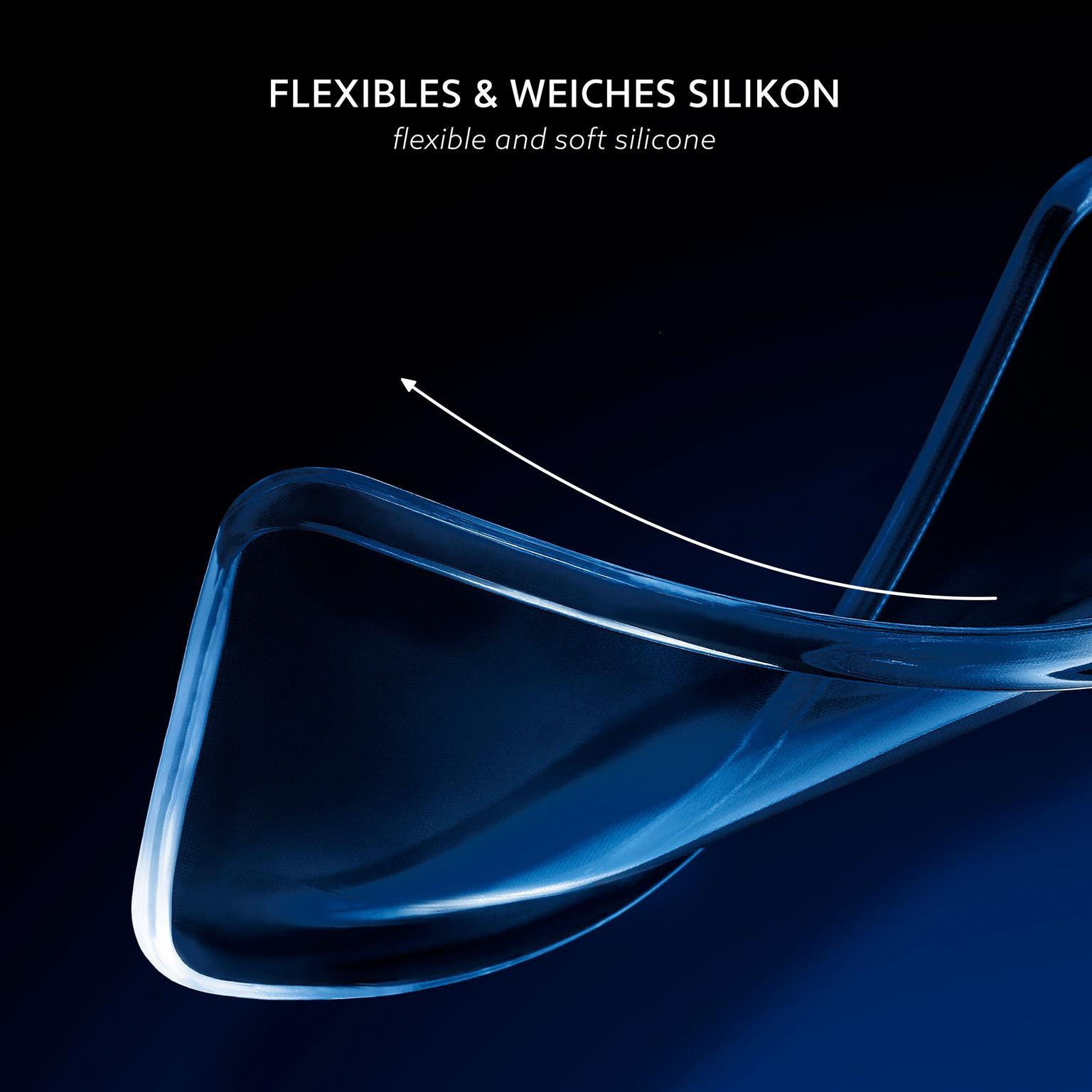 Blau transparente Handyhülle biegt sich. Blauer Hintergrund mit Farbverlauf.