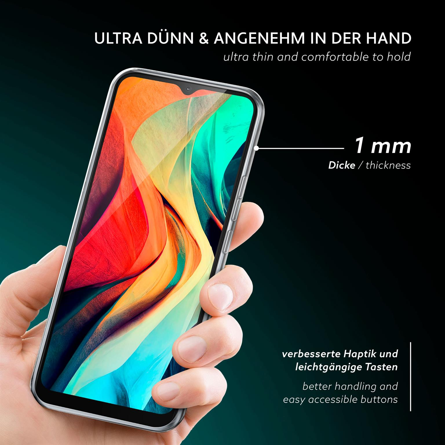 Eine Hand hält ein schlankes, schwarzes Smartphone mit farbenfrohem Hintergrund.
