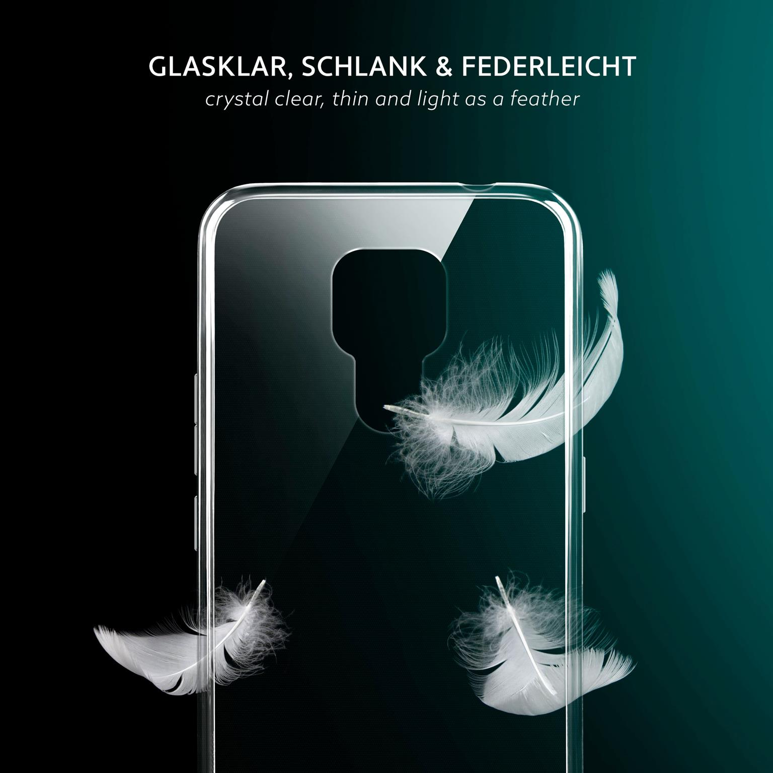 Transparente Handyhülle mit weißen Federn. Dunkelgrüner Hintergrund.