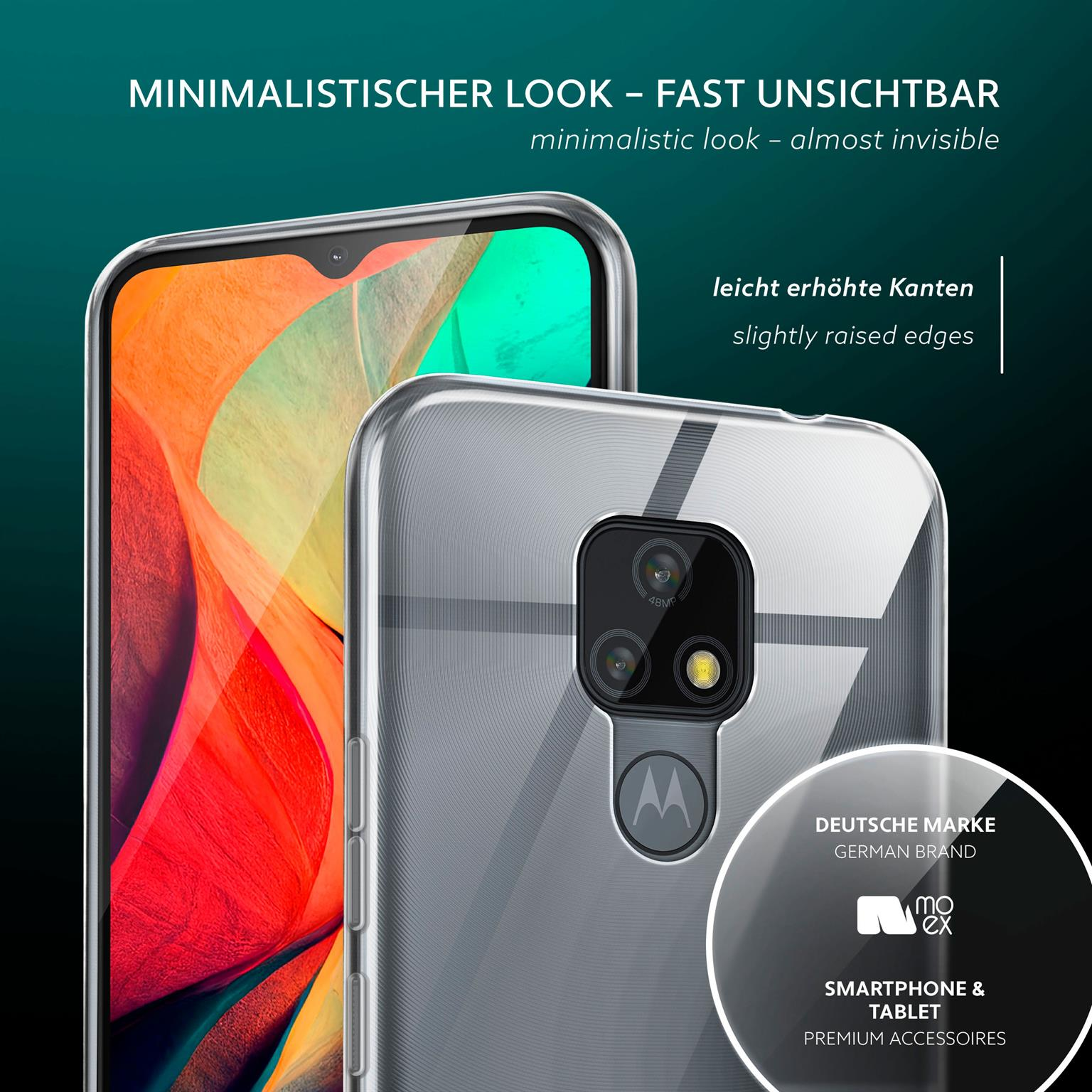 Transparente Handyhülle auf einem Telefon. Hülle ist transparent mit leicht erhöhten Rändern.